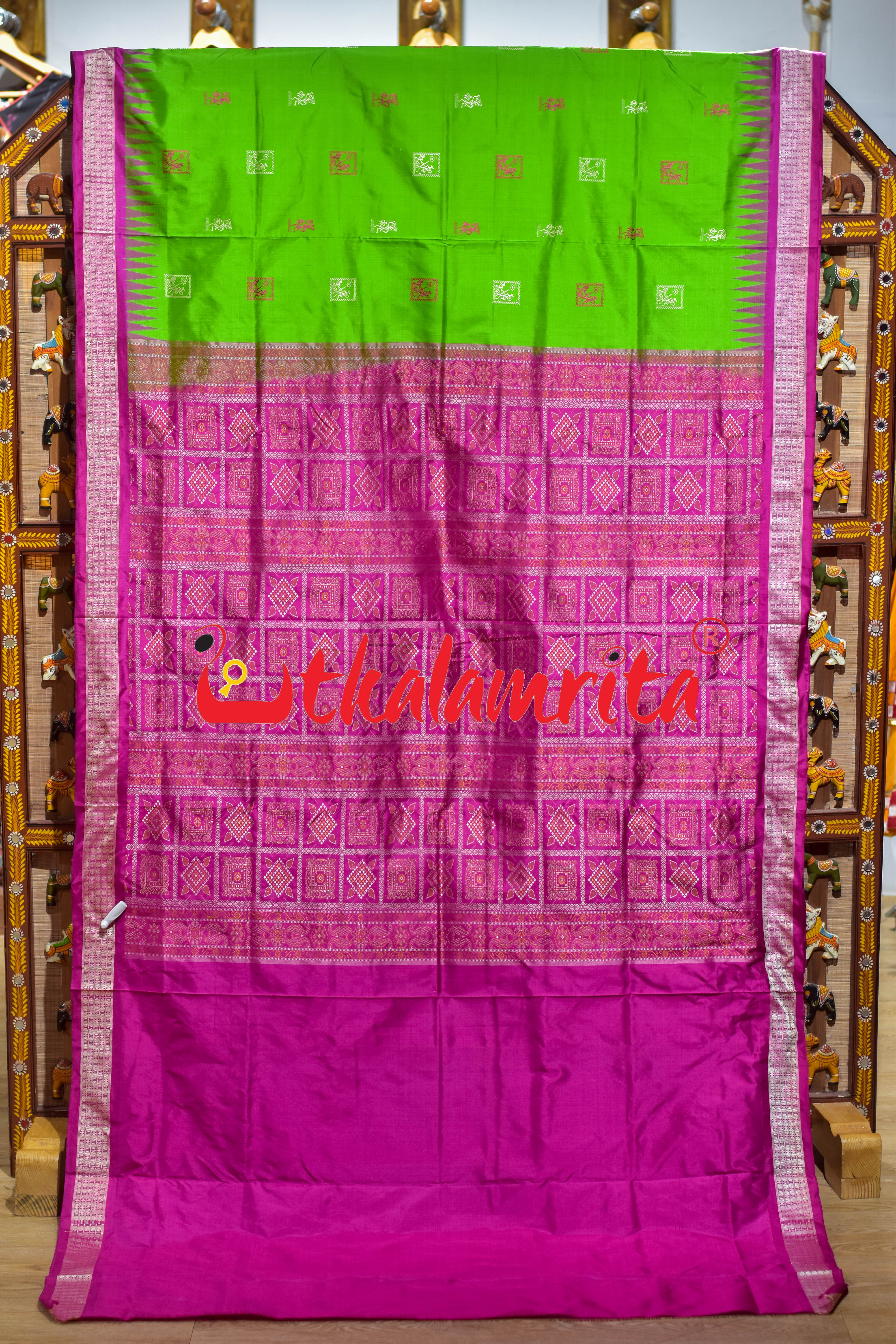 Apple Green Rani Pink Tribal Bomkai Silk Saree