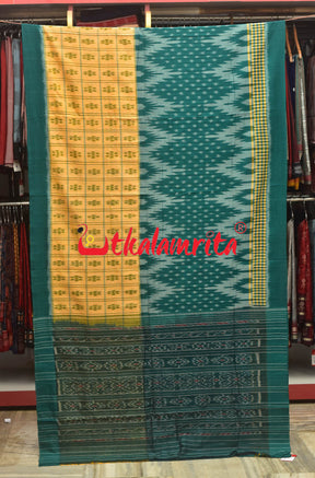 Half Half Cream Green Khandua Cotton Checks Saree