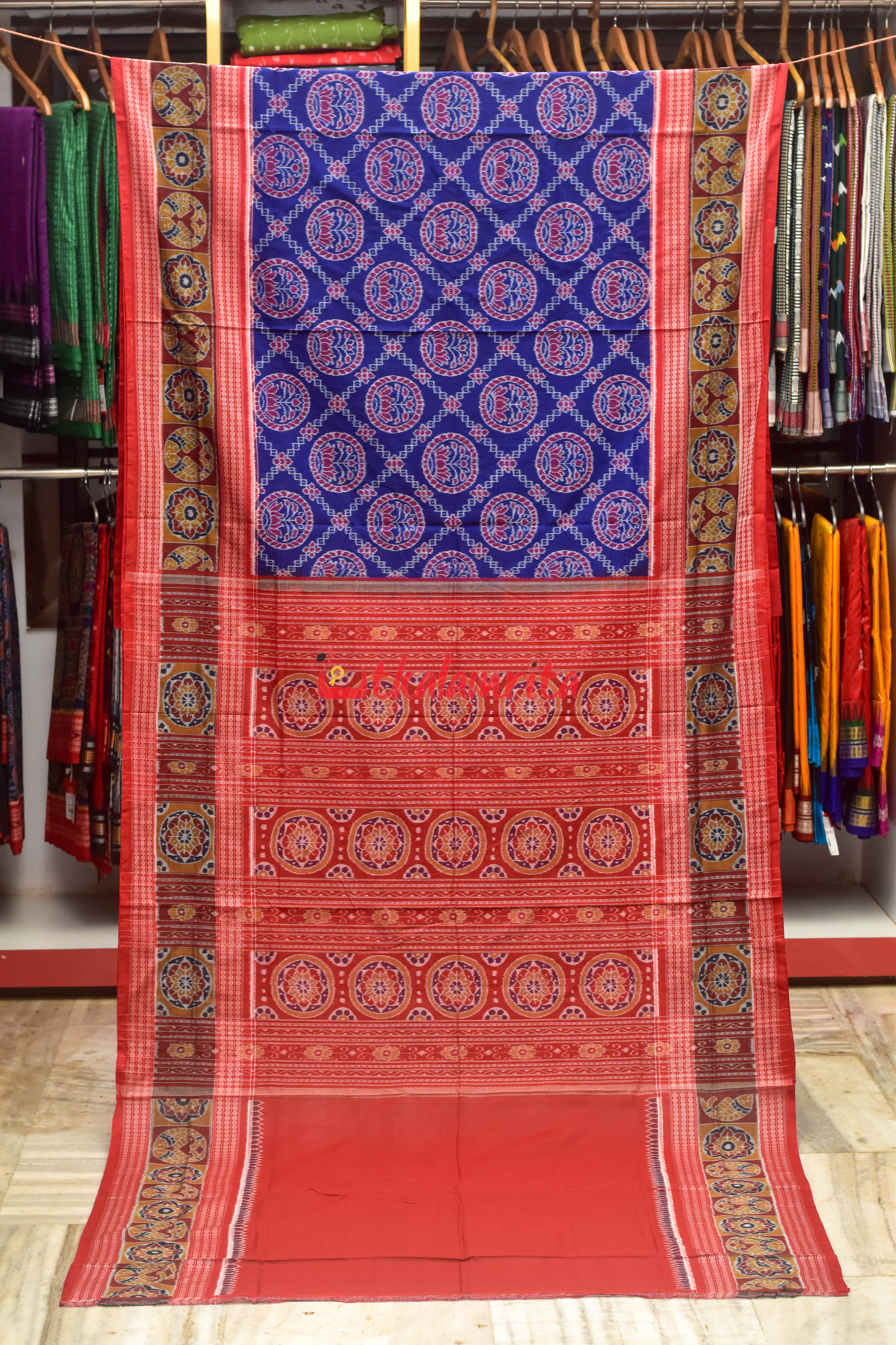 Blue Lotus Design Flower Border Sambalpuri Cotton Saree