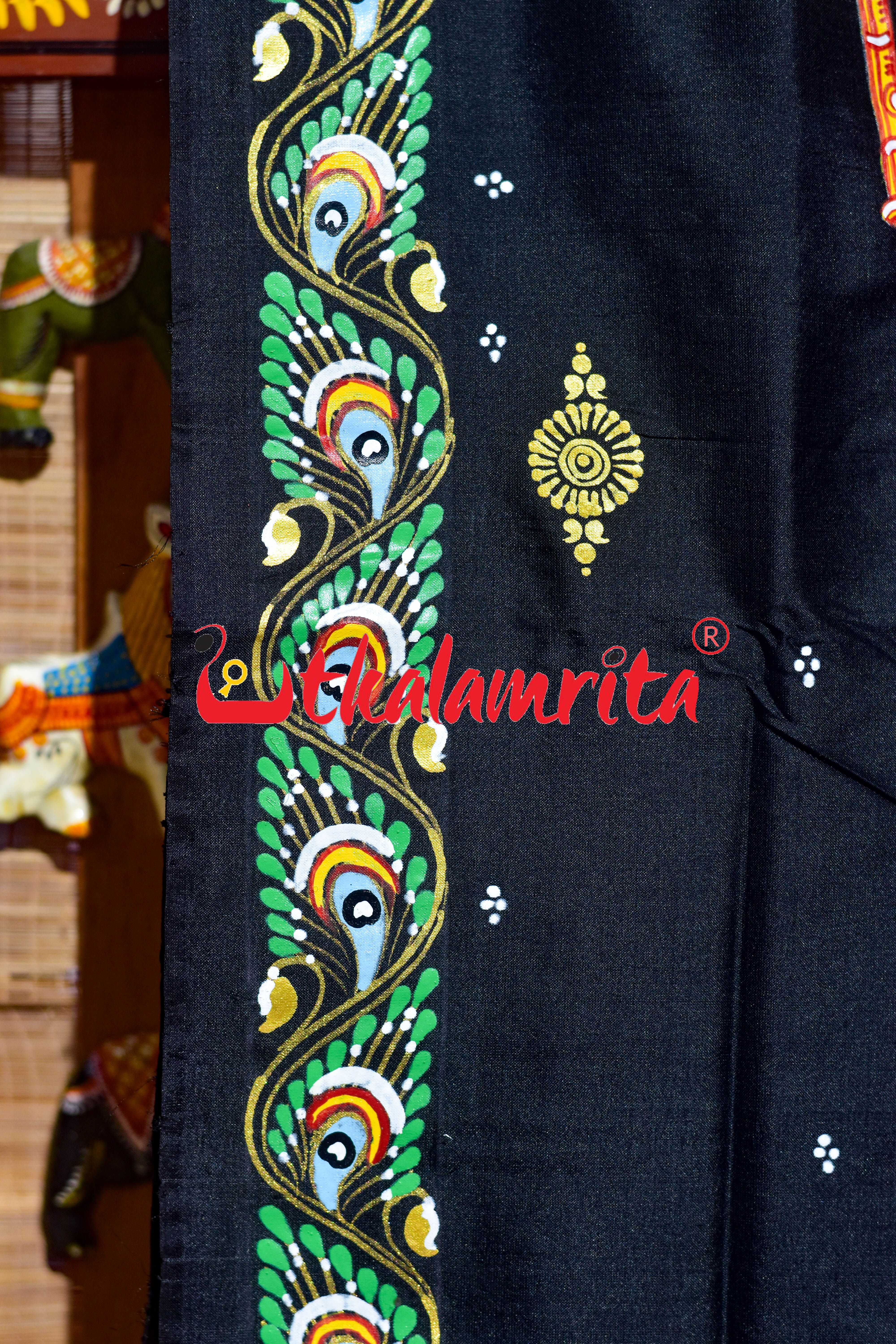 Black Plain Krushna Representation Pattachitra Silk Saree