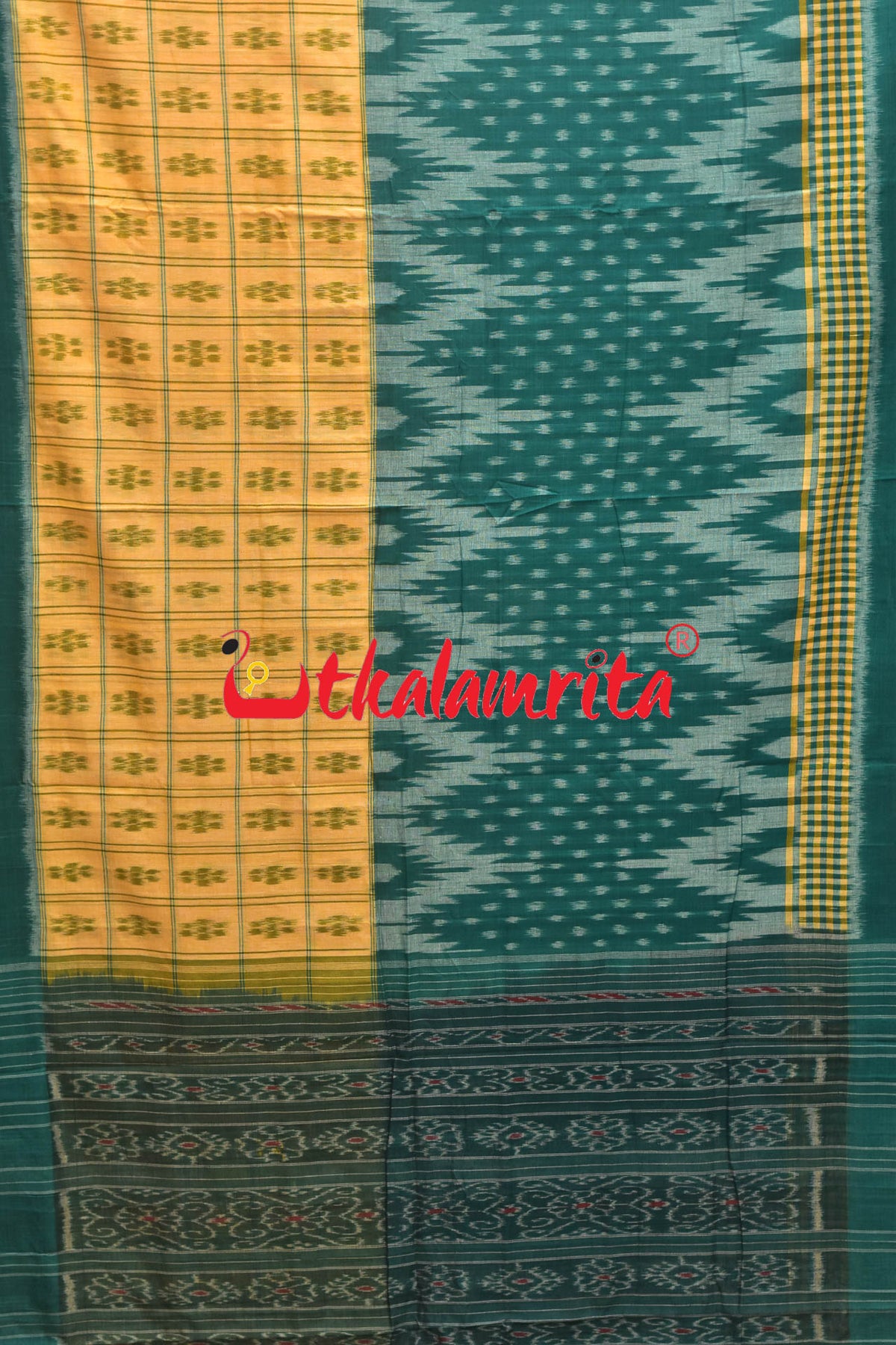 Half Half Cream Green Khandua Cotton Checks Saree