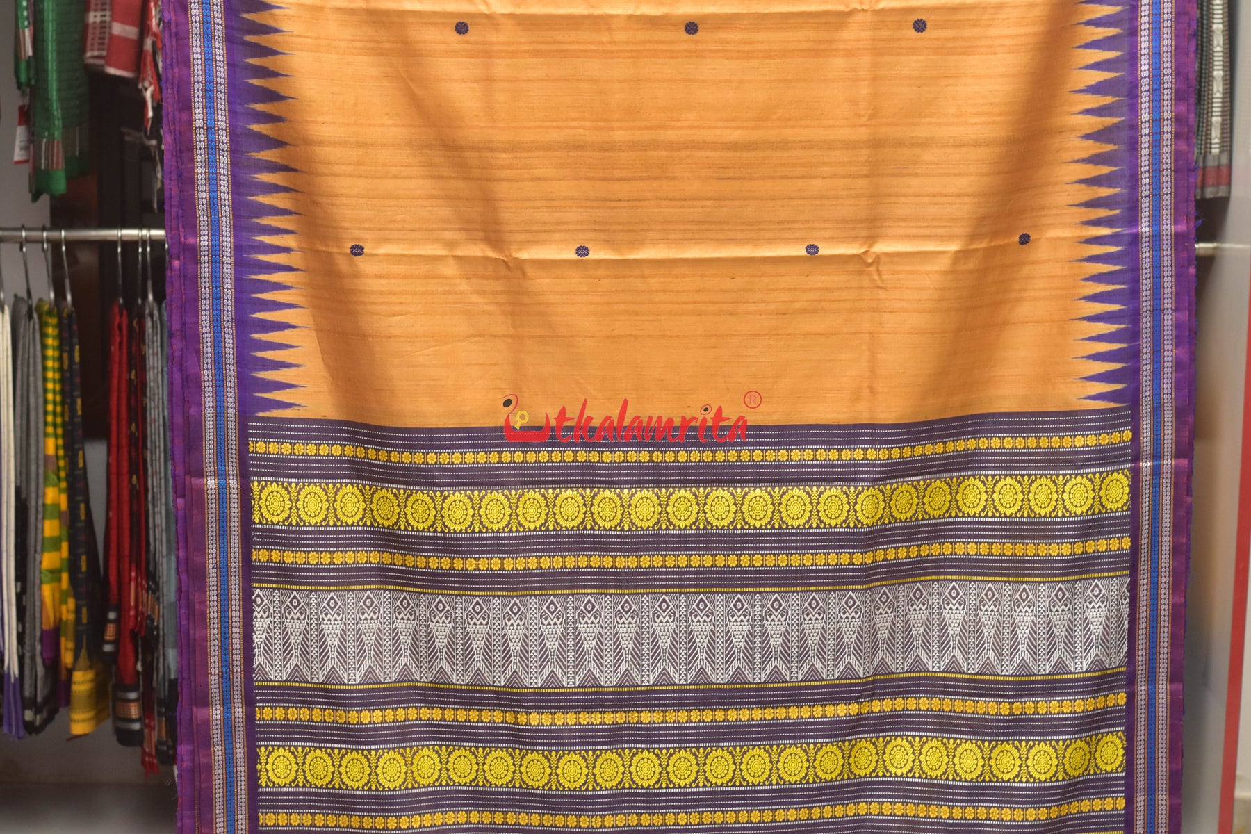 Orange Purple Rudraksha Border Jaala Anchal Tussar Saree