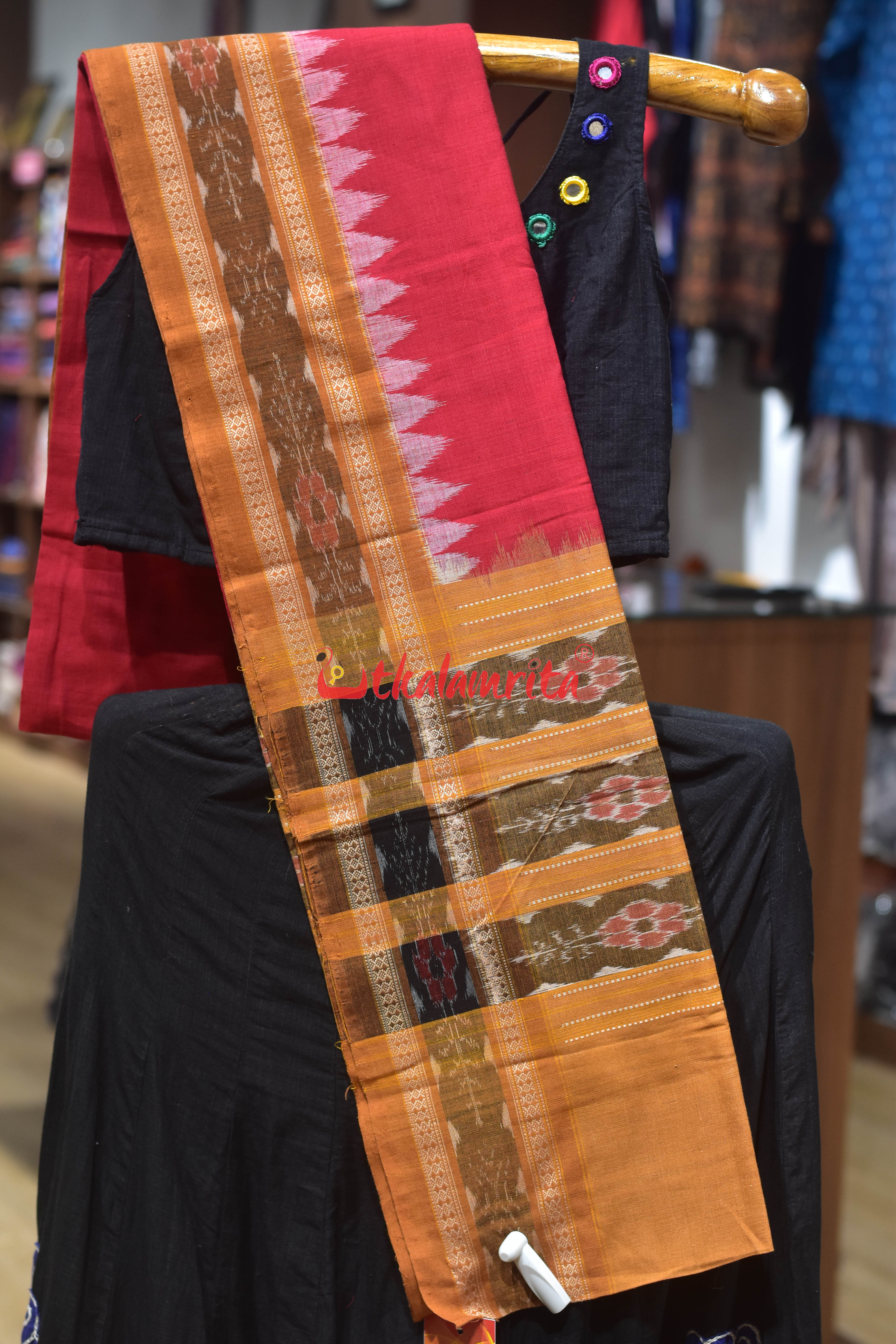 Red Khaki Flower Bandha Cotton (Dupatta)