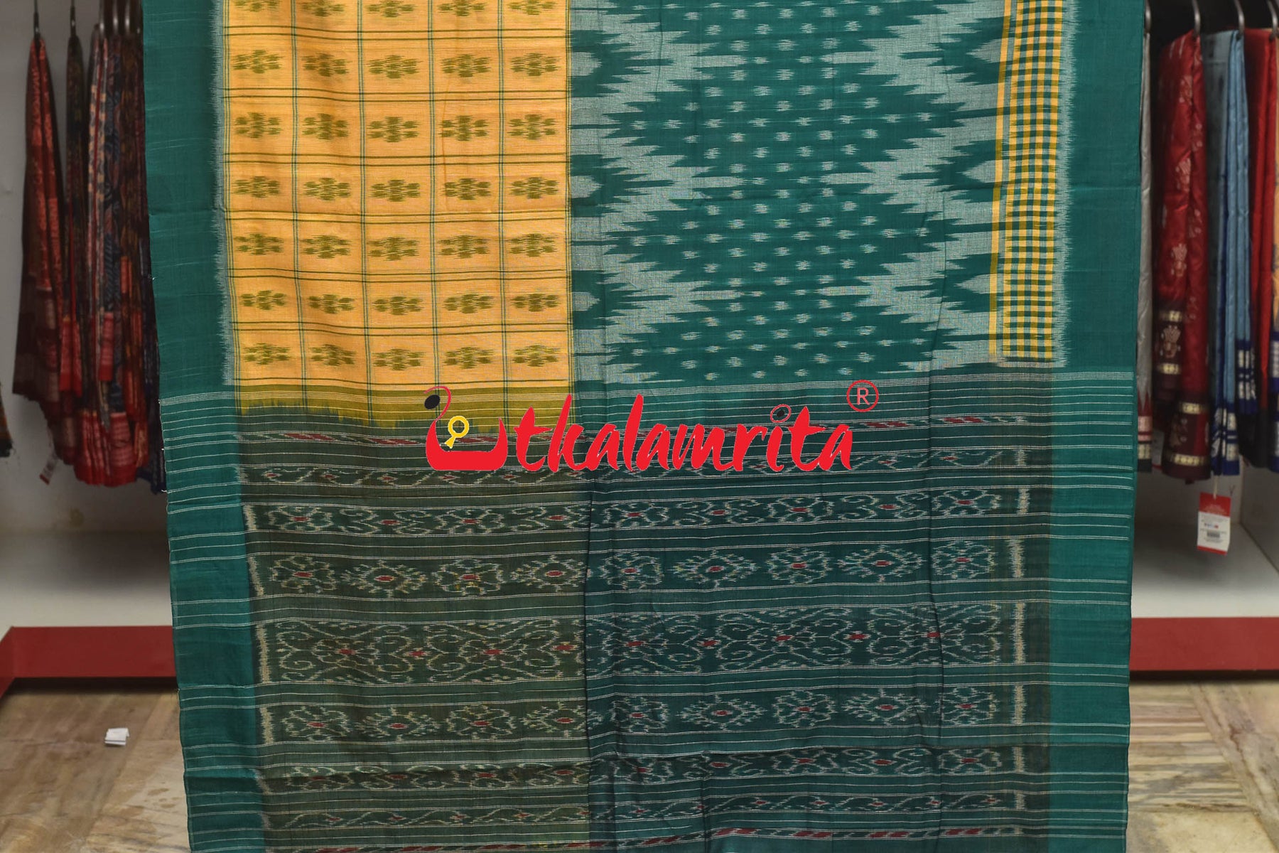 Half Half Cream Green Khandua Cotton Checks Saree