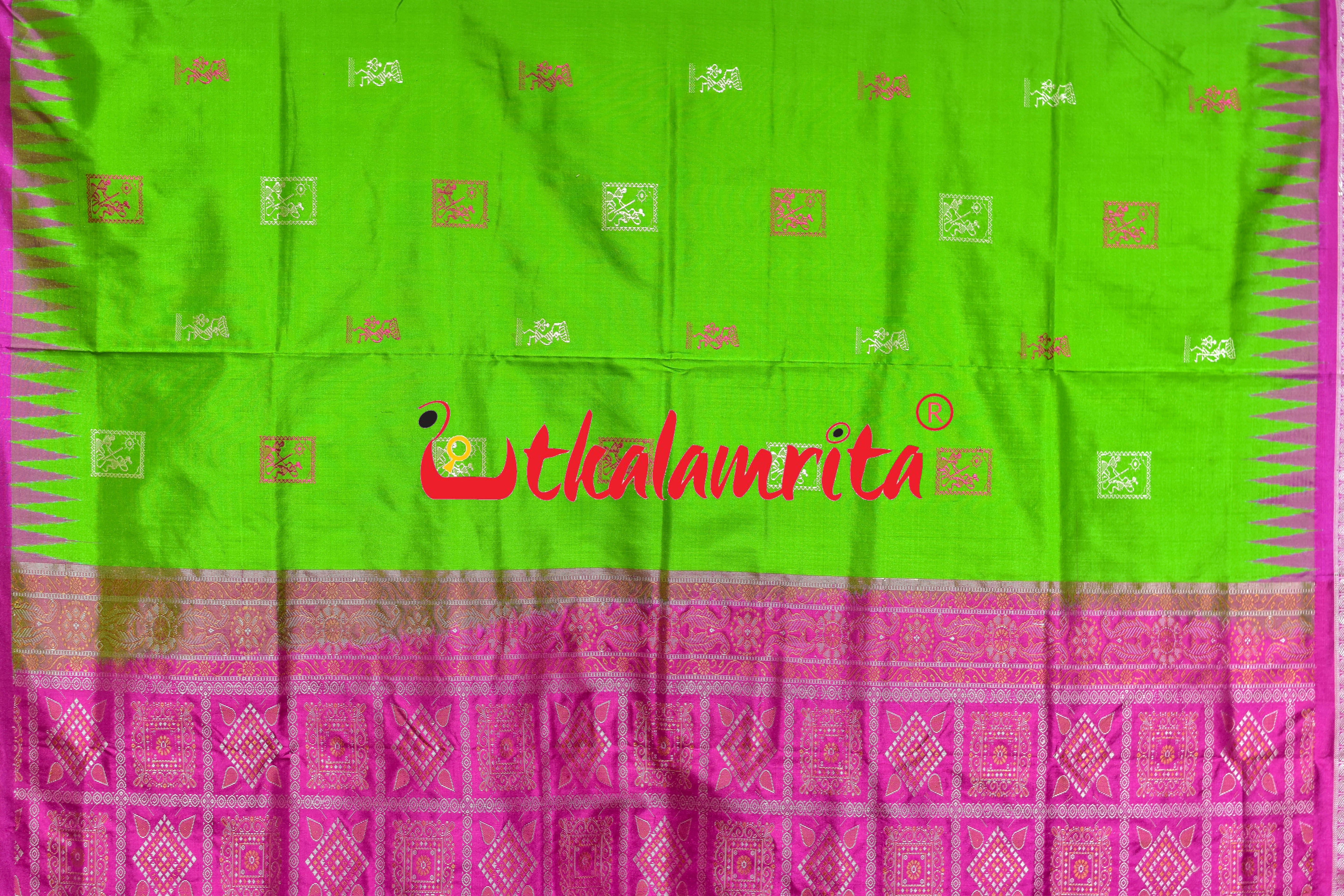 Apple Green Rani Pink Tribal Bomkai Silk Saree
