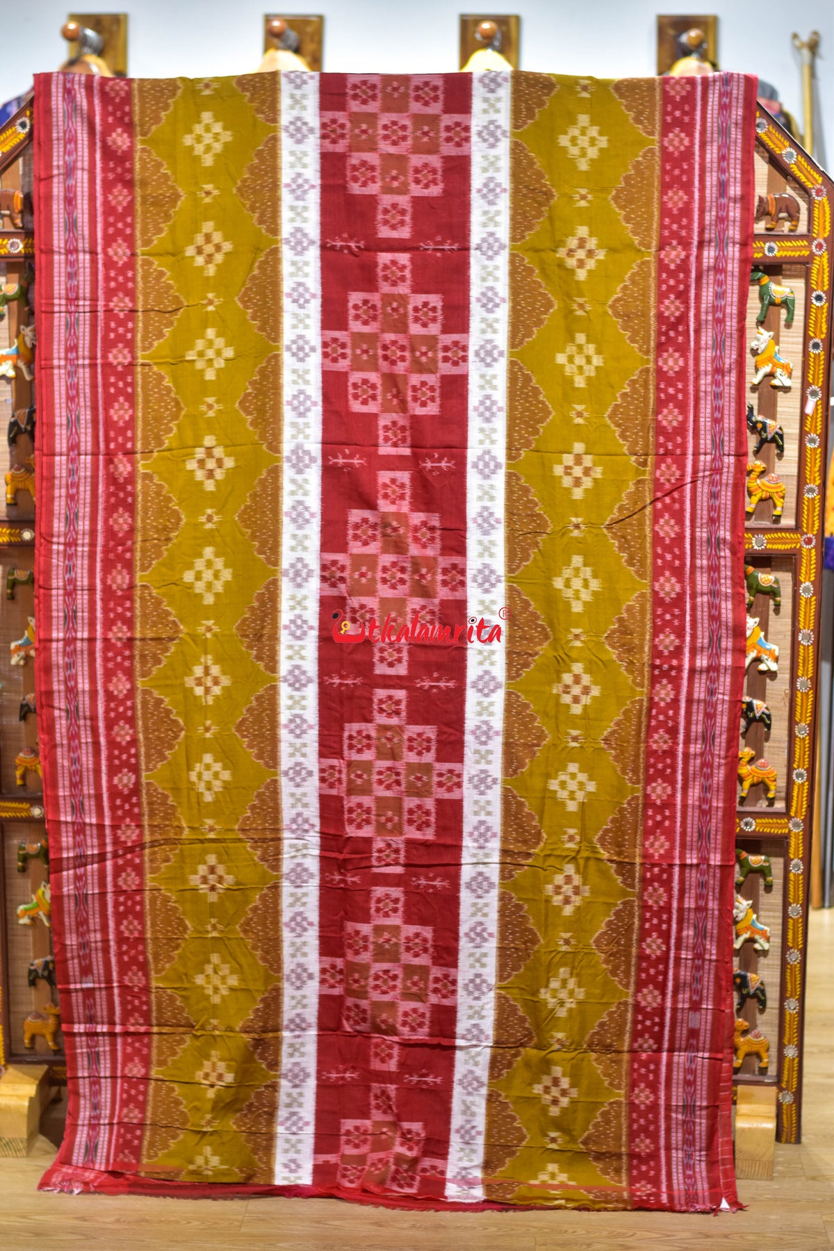 Mehendi Red 3D Khandua Cotton Saree
