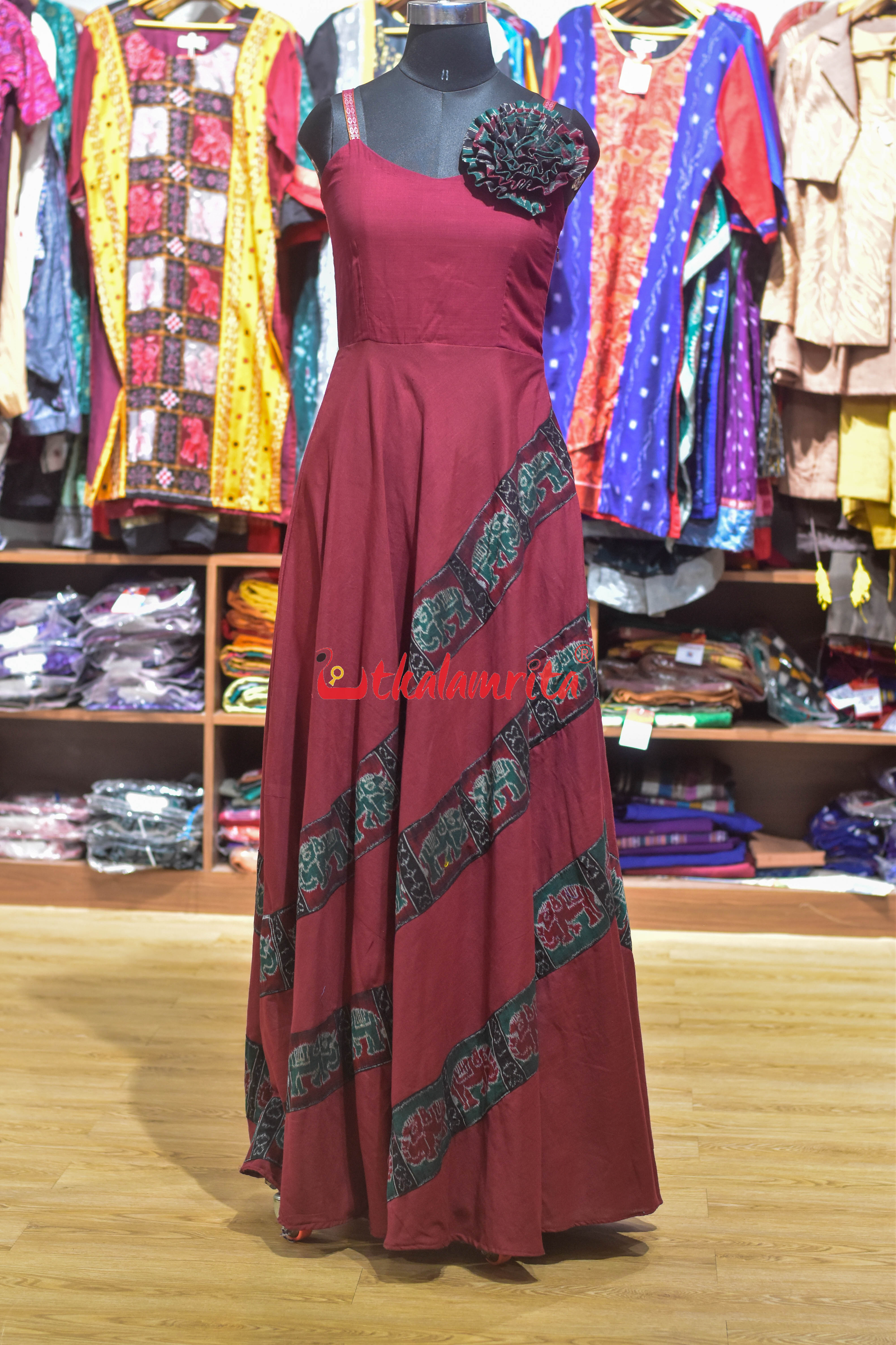 Maroon with Elephant Design Sleeveless (Ladies' Gown)