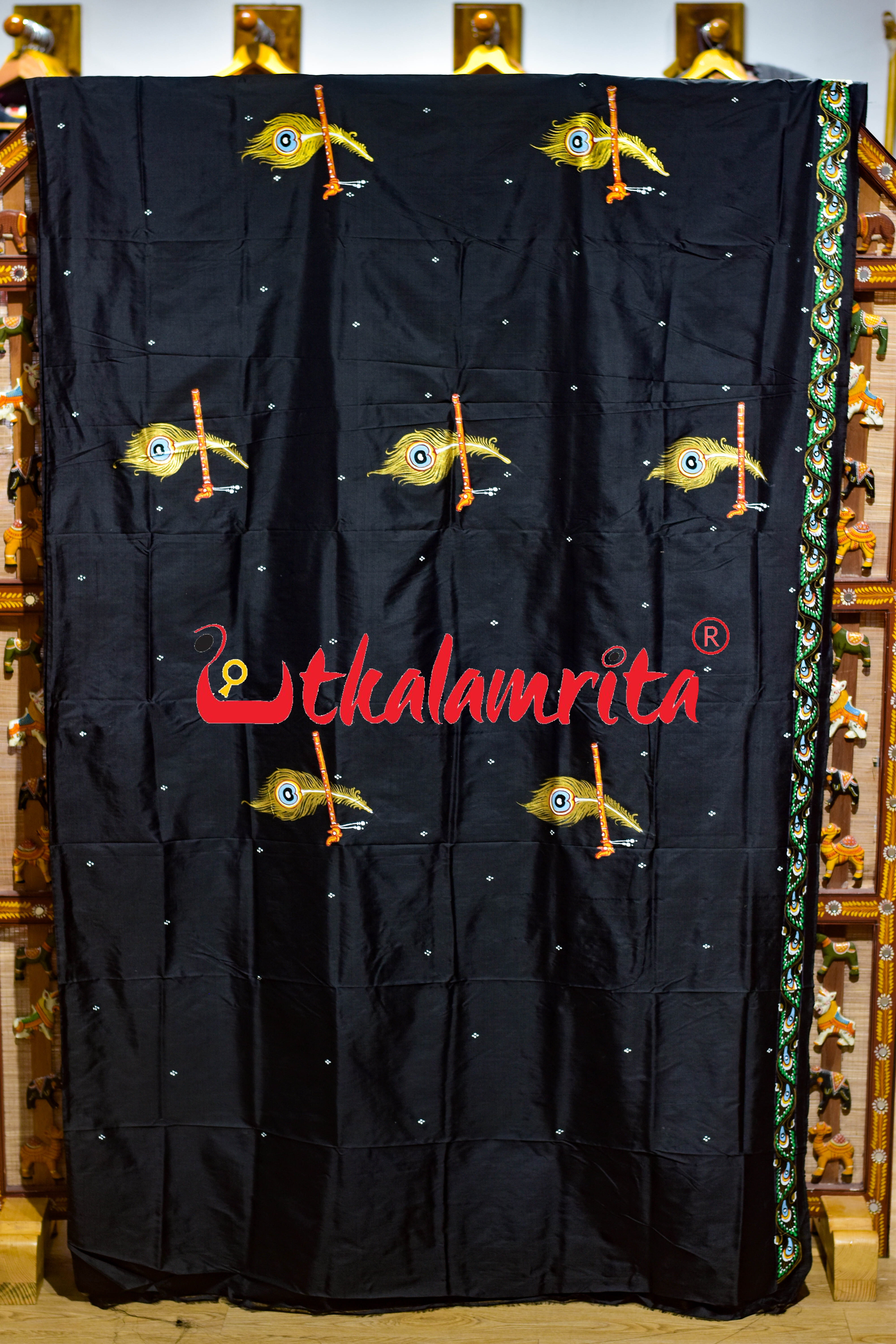 Black Plain Krushna Representation Pattachitra Silk Saree
