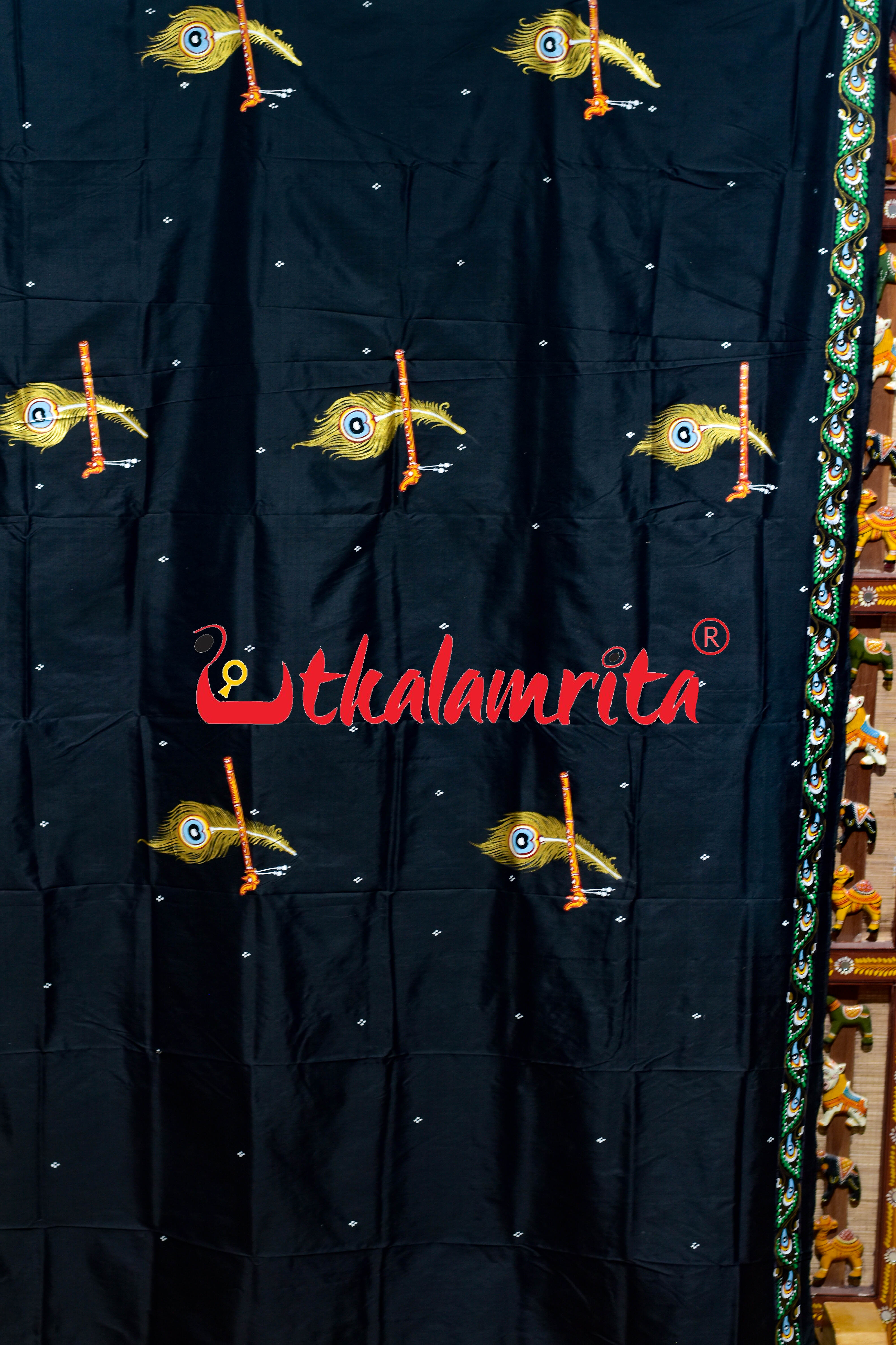Black Plain Krushna Representation Pattachitra Silk Saree