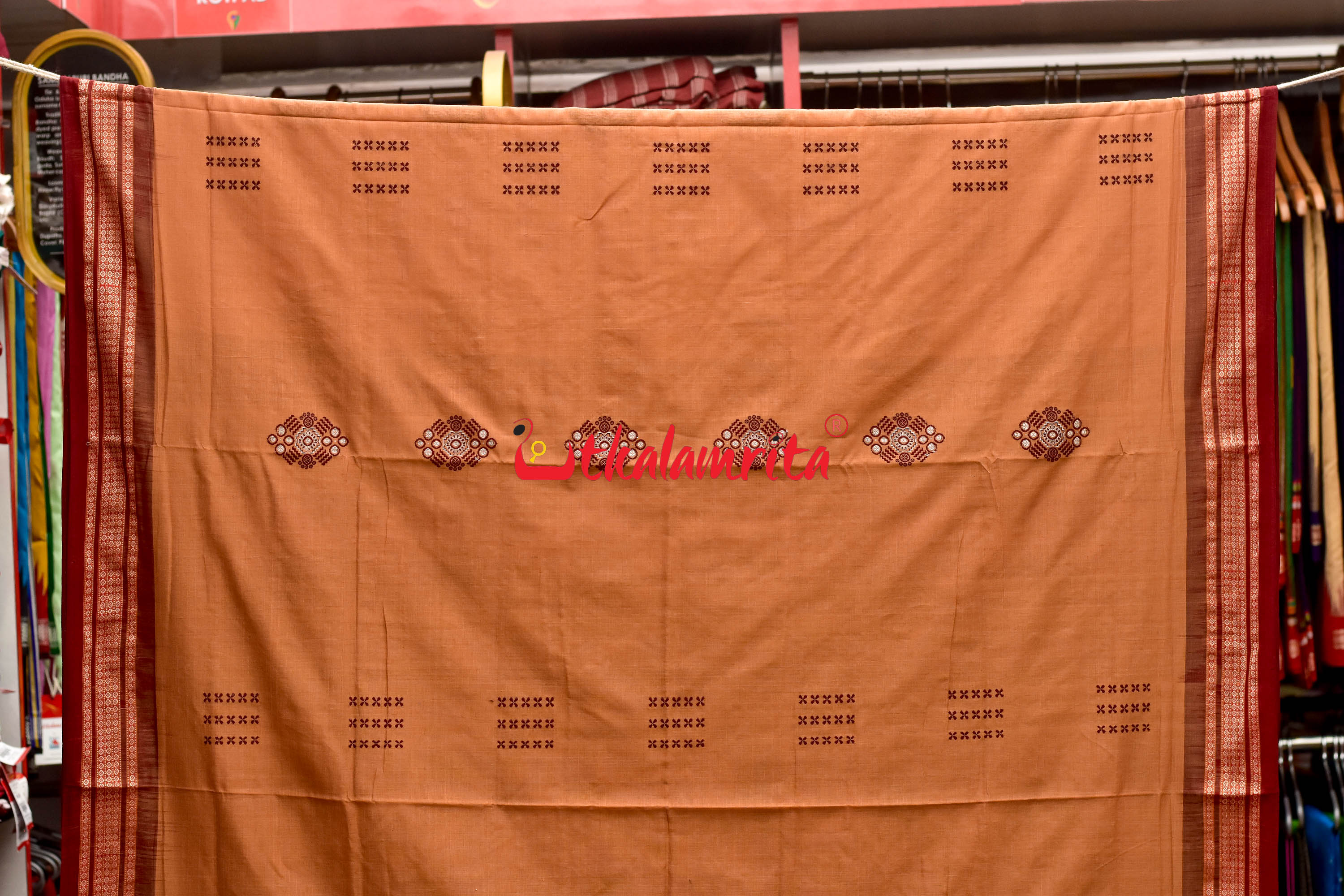 Biscuit Maroon Pentagon Bomkai Cotton Saree