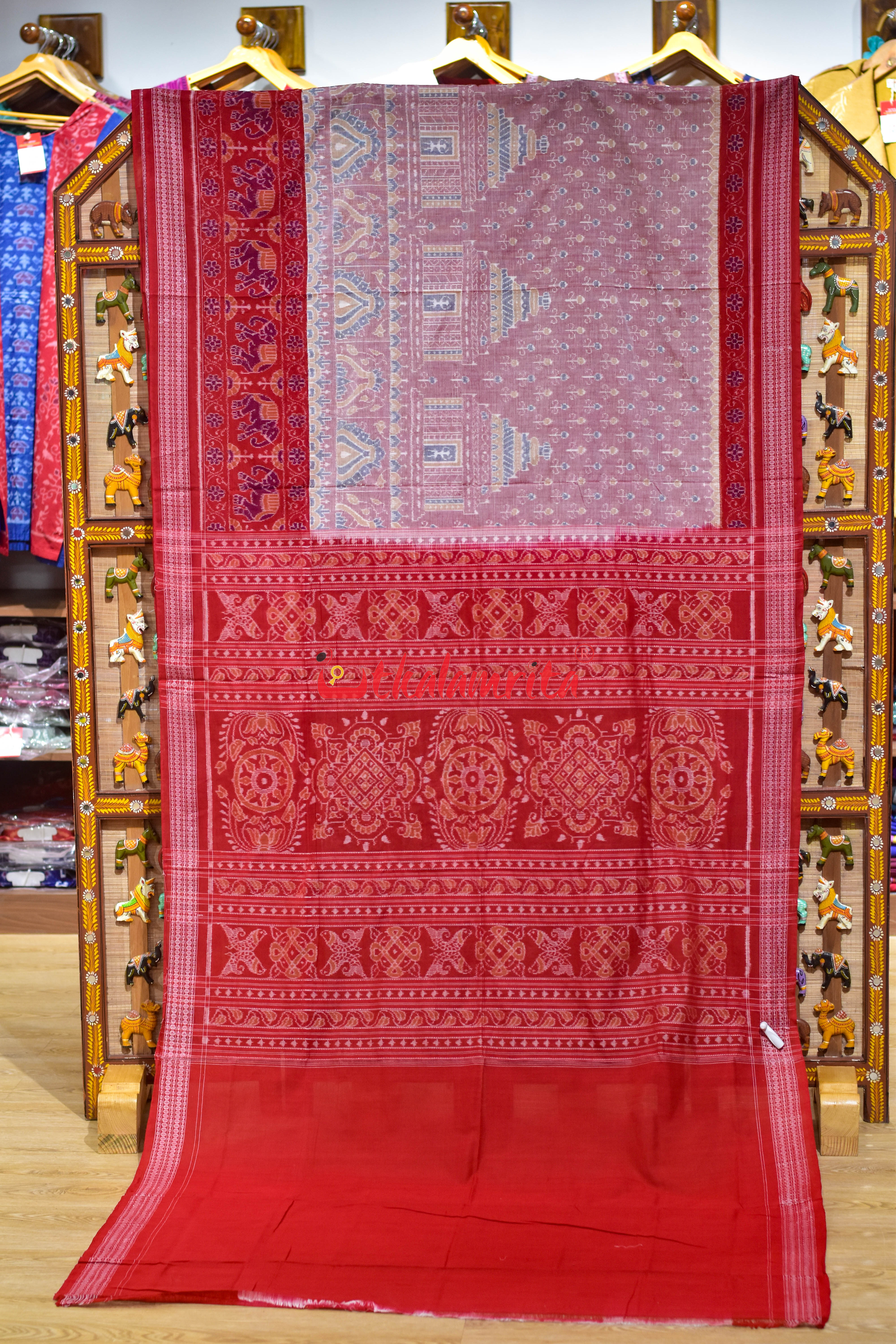 Pink Konark with Elephant Border Sambalpuri Cotton Saree