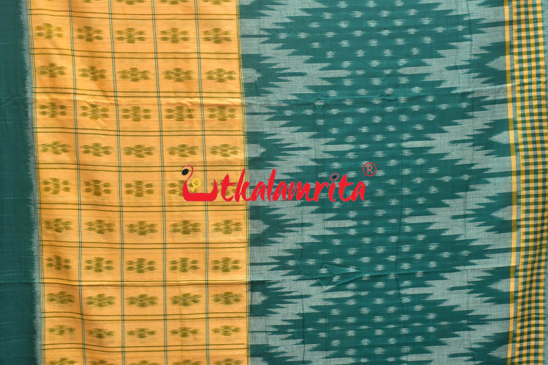 Half Half Cream Green Khandua Cotton Checks Saree