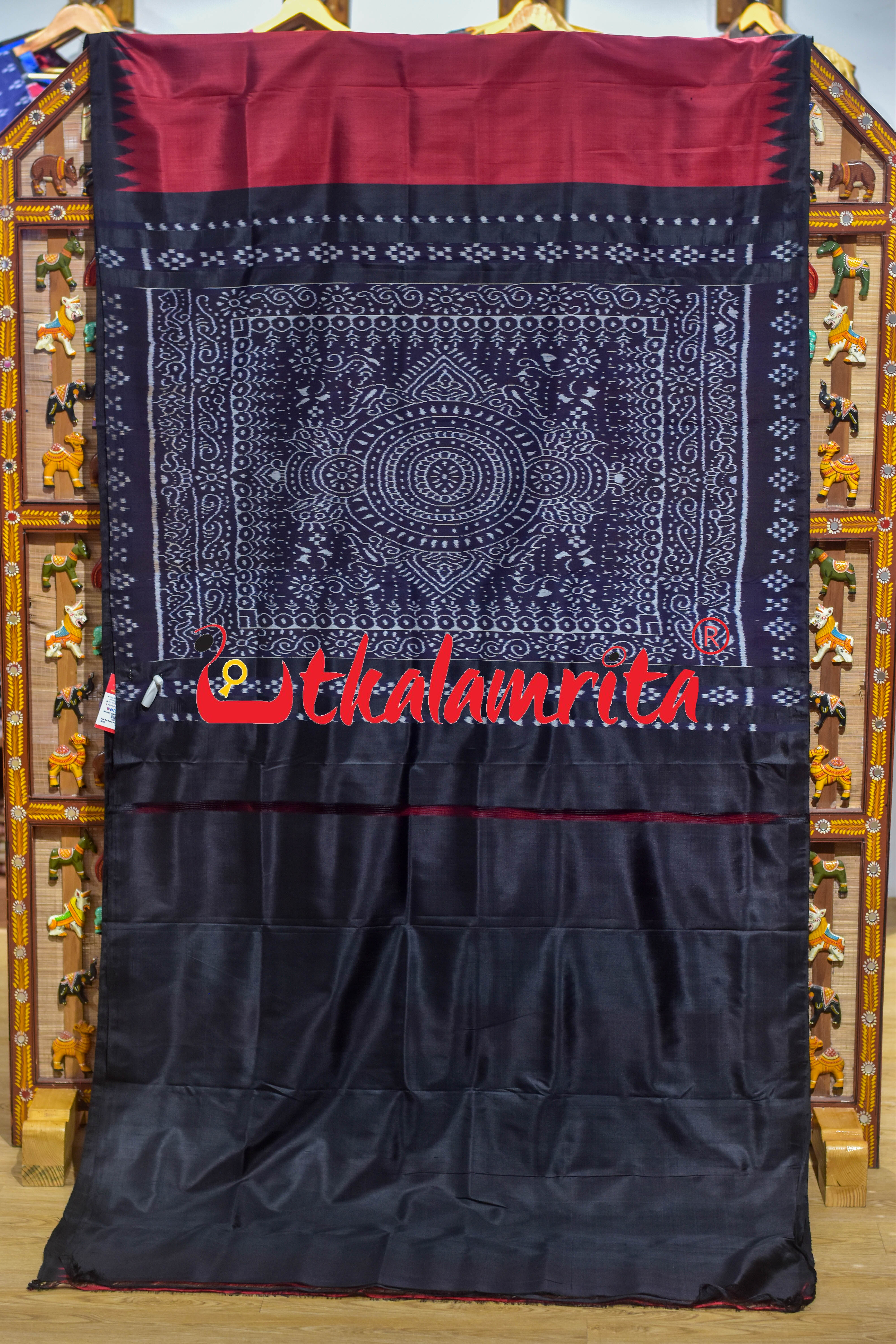 Baala Buti Maroon Black Khandua Silk Saree