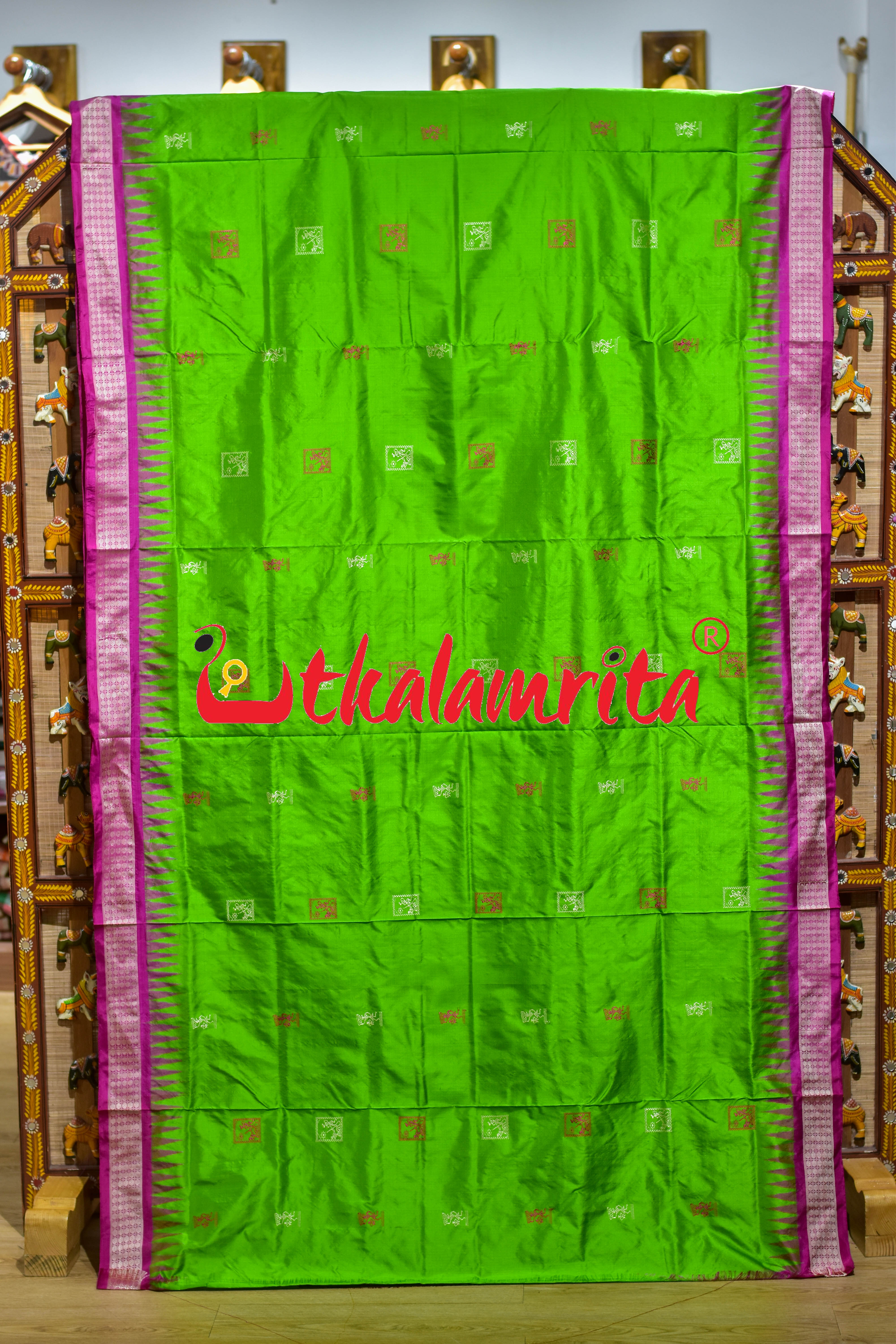 Apple Green Rani Pink Tribal Bomkai Silk Saree