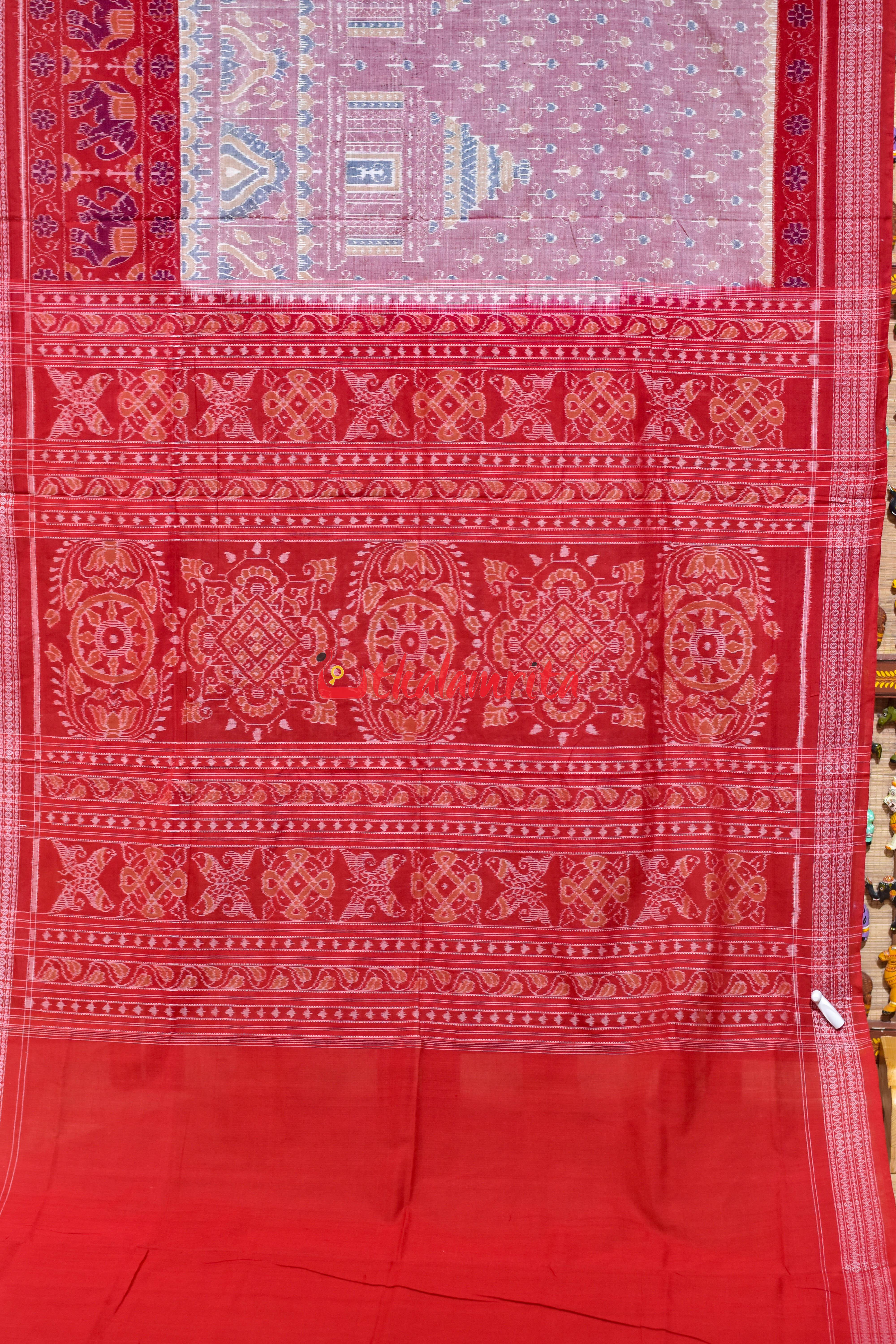 Pink Konark with Elephant Border Sambalpuri Cotton Saree