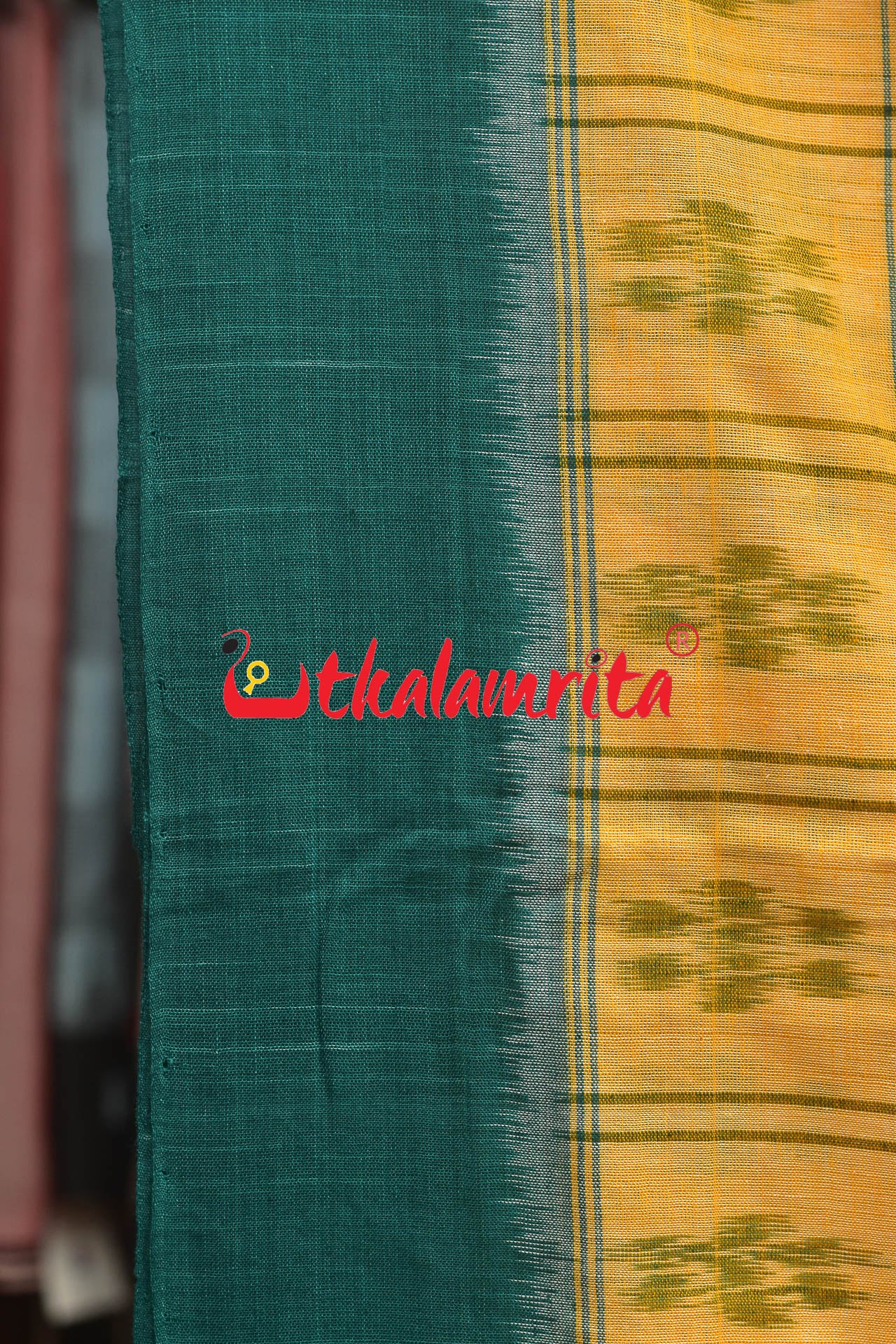 Half Half Cream Green Khandua Cotton Checks Saree