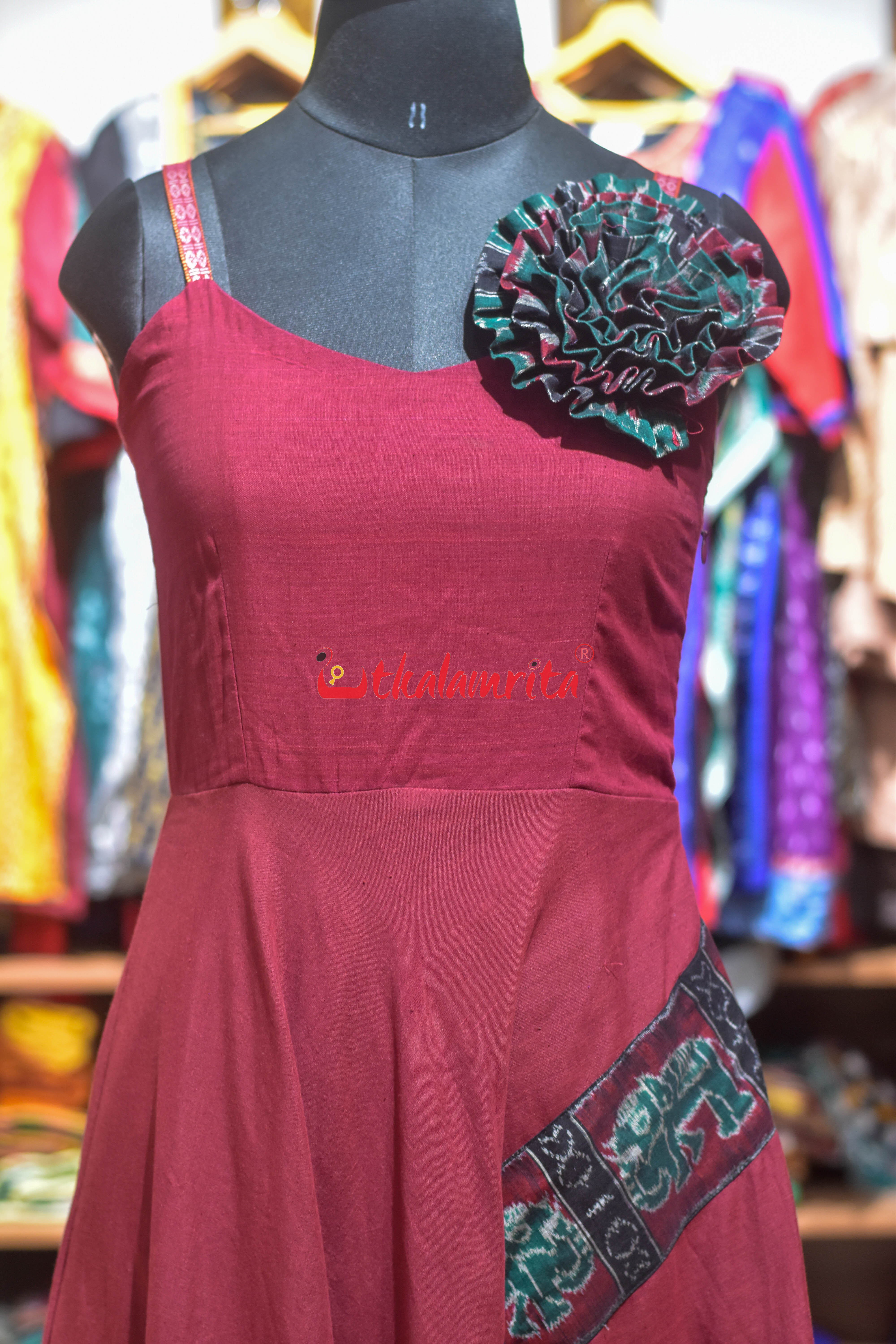 Maroon with Elephant Design Sleeveless (Ladies' Gown)