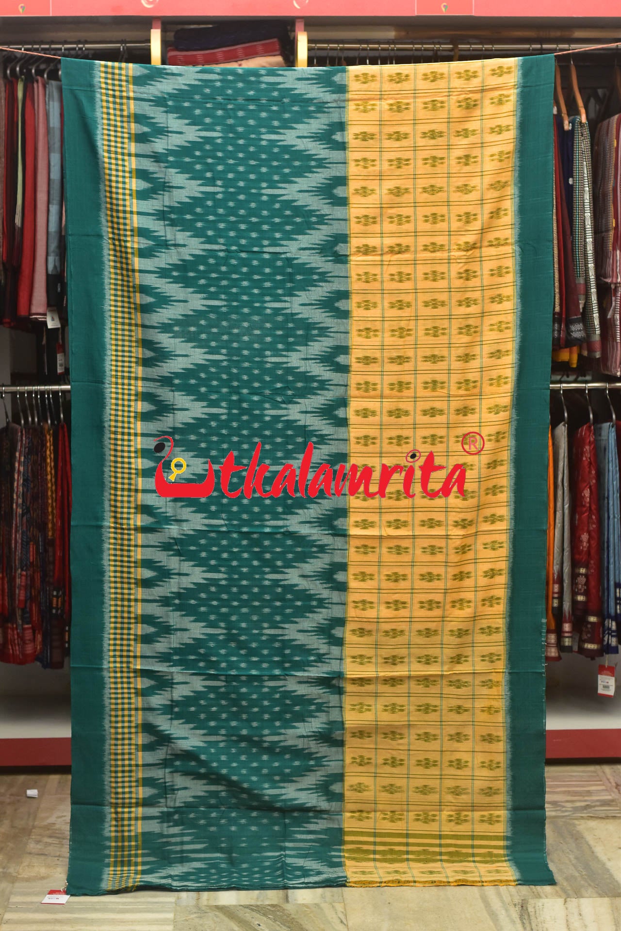 Half Half Cream Green Khandua Cotton Checks Saree