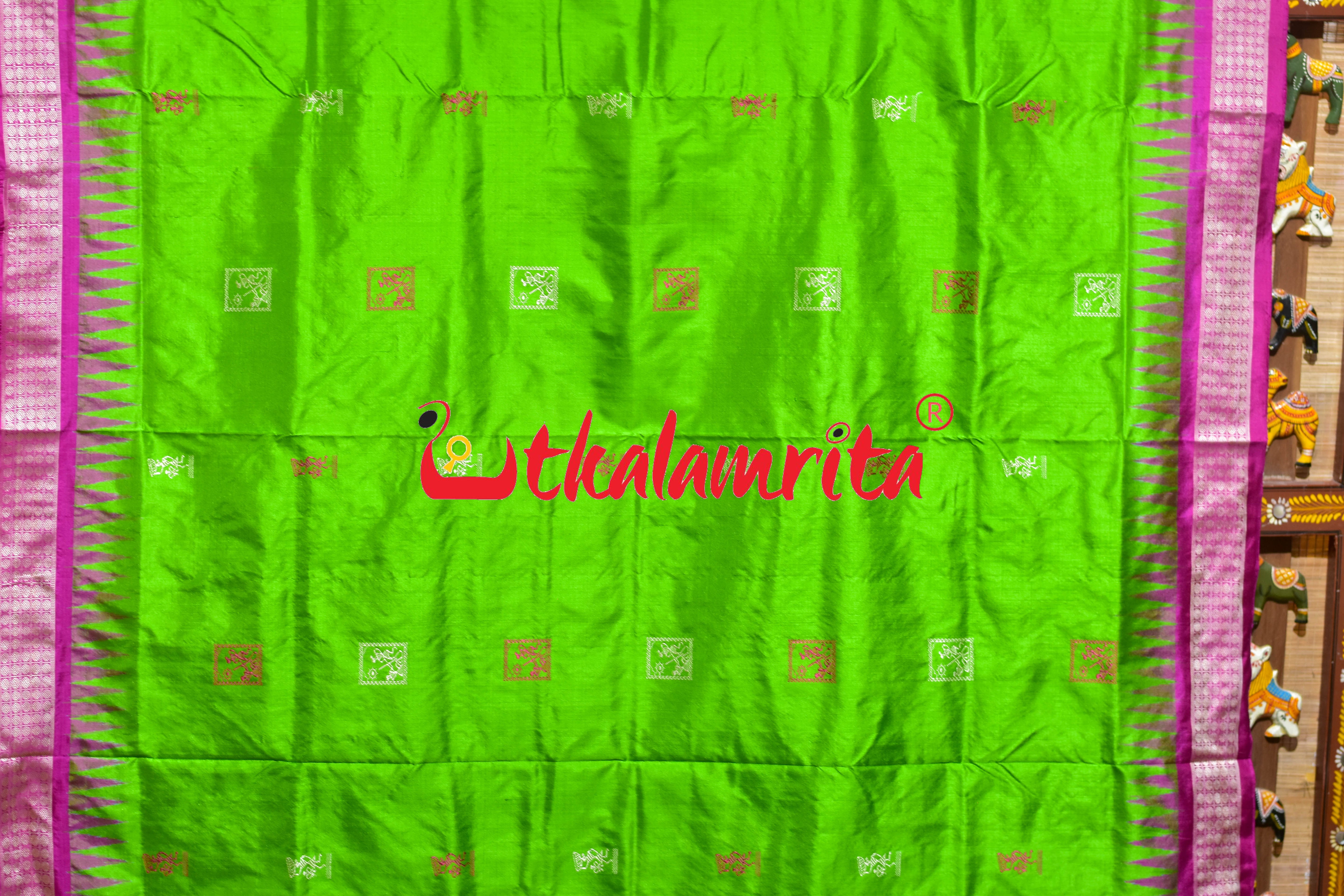 Apple Green Rani Pink Tribal Bomkai Silk Saree