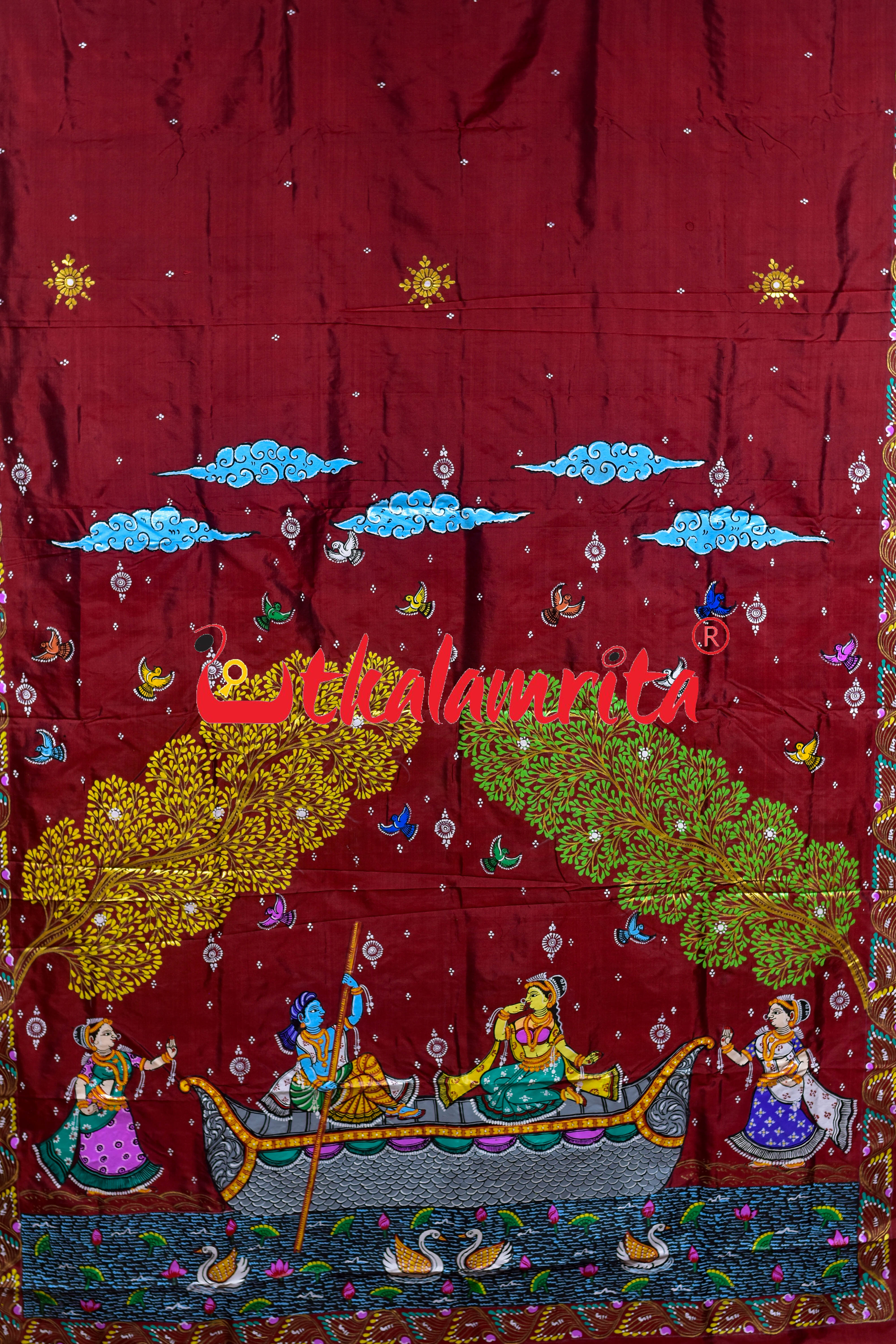 Maroon Plain Nauka Paar Pattachitra Silk Saree