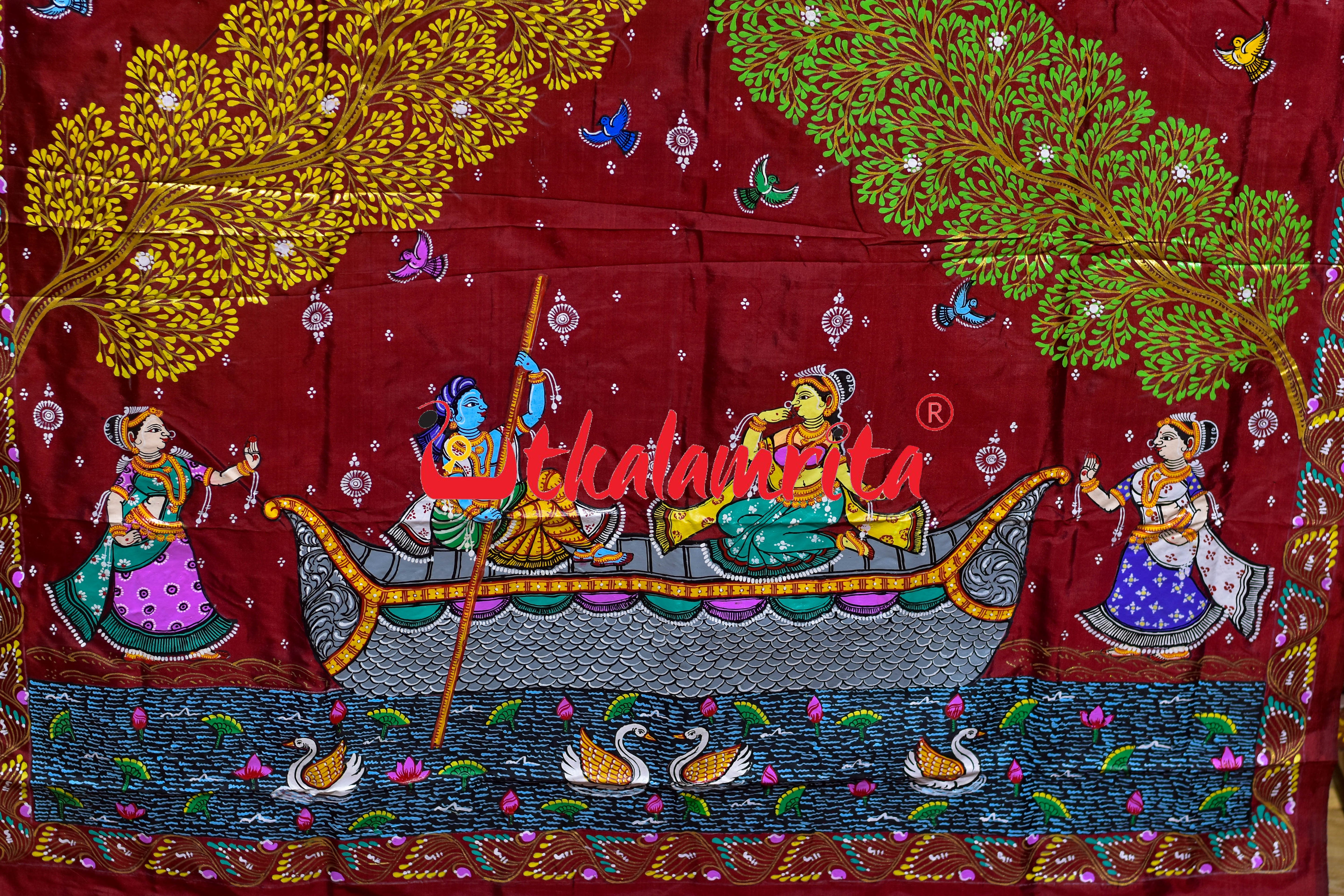 Maroon Plain Nauka Paar Pattachitra Silk Saree