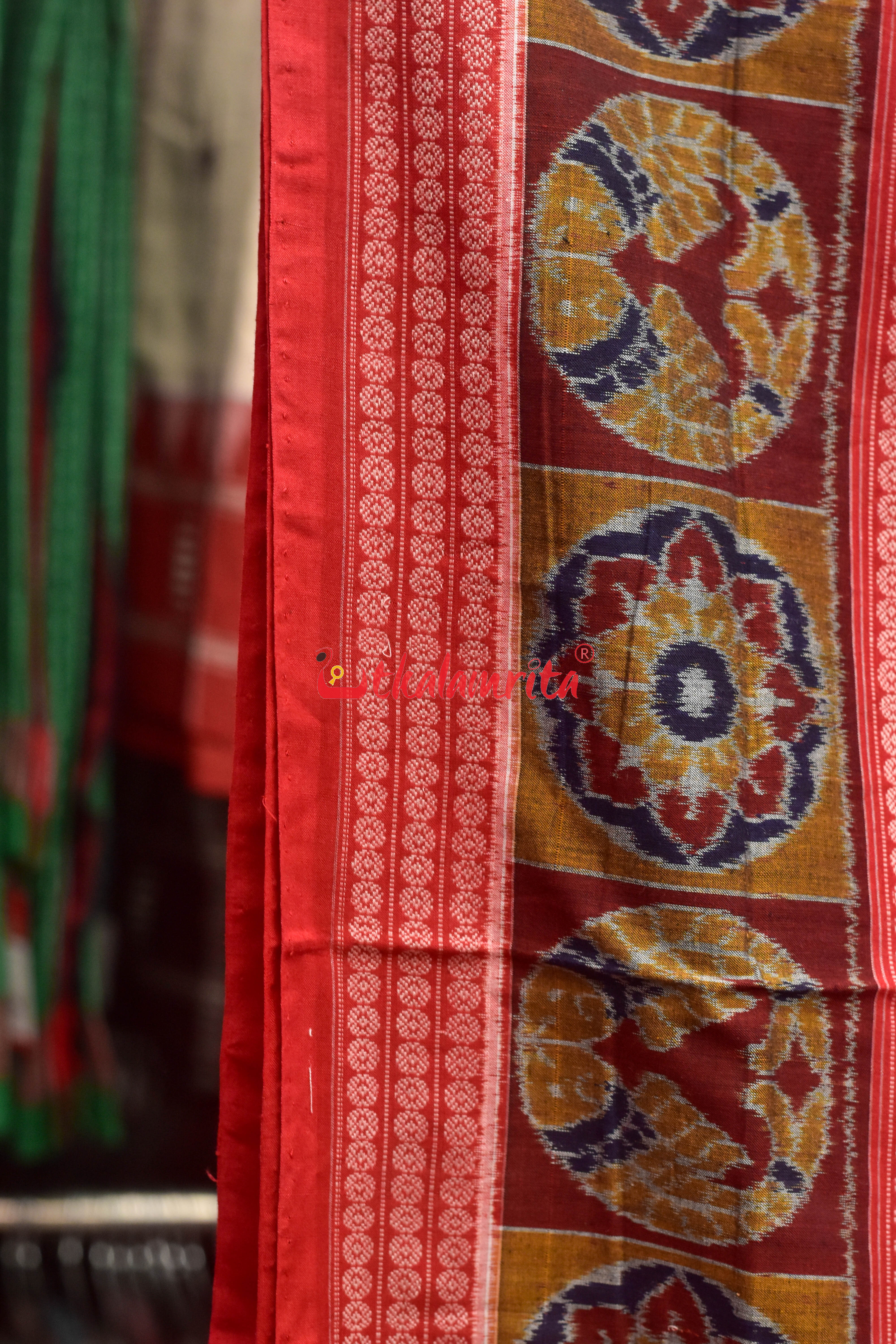 Blue Lotus Design Flower Border Sambalpuri Cotton Saree