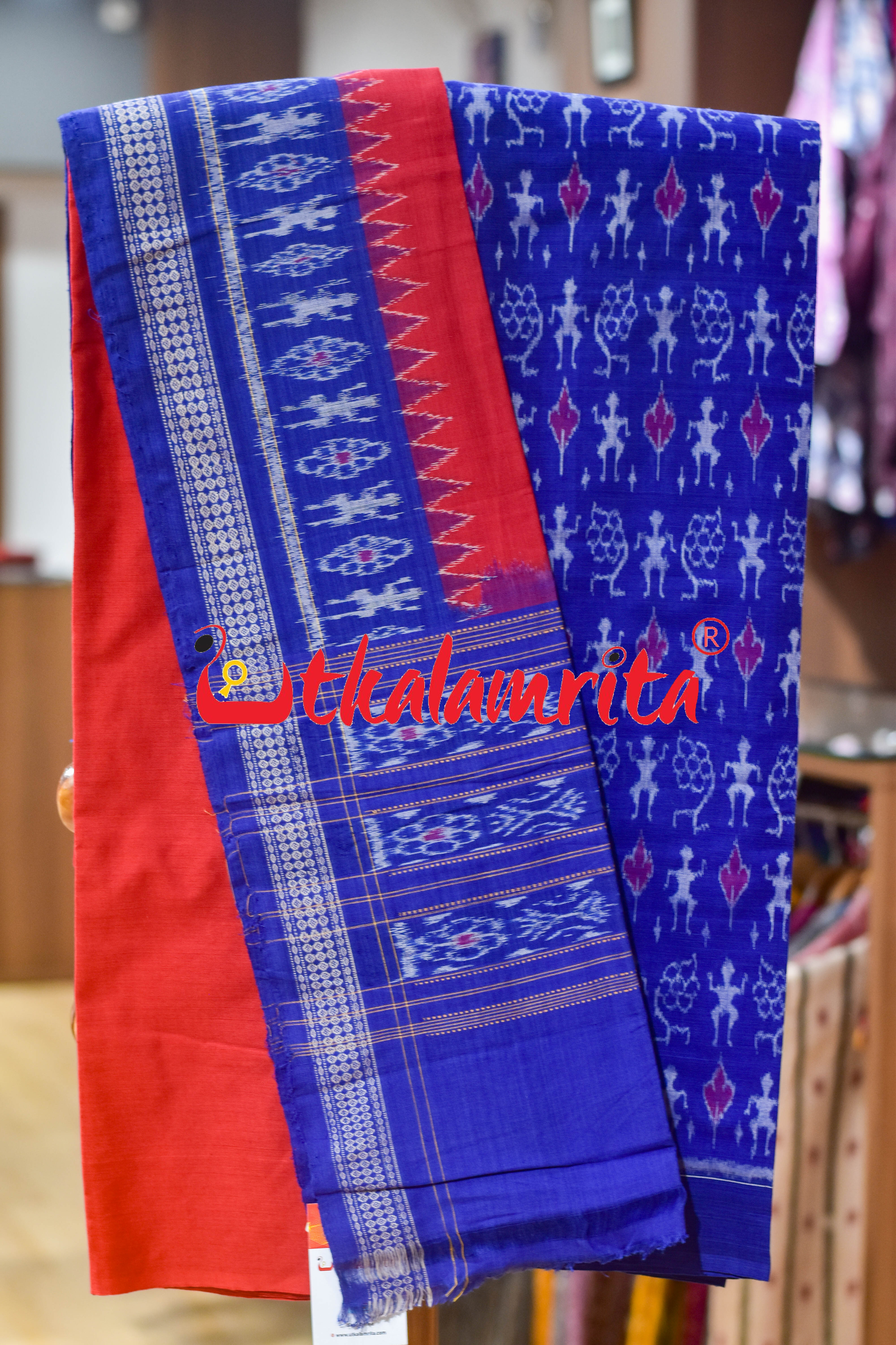 Blue Red Standing Tribals Sambalpuri Cotton Dress Set