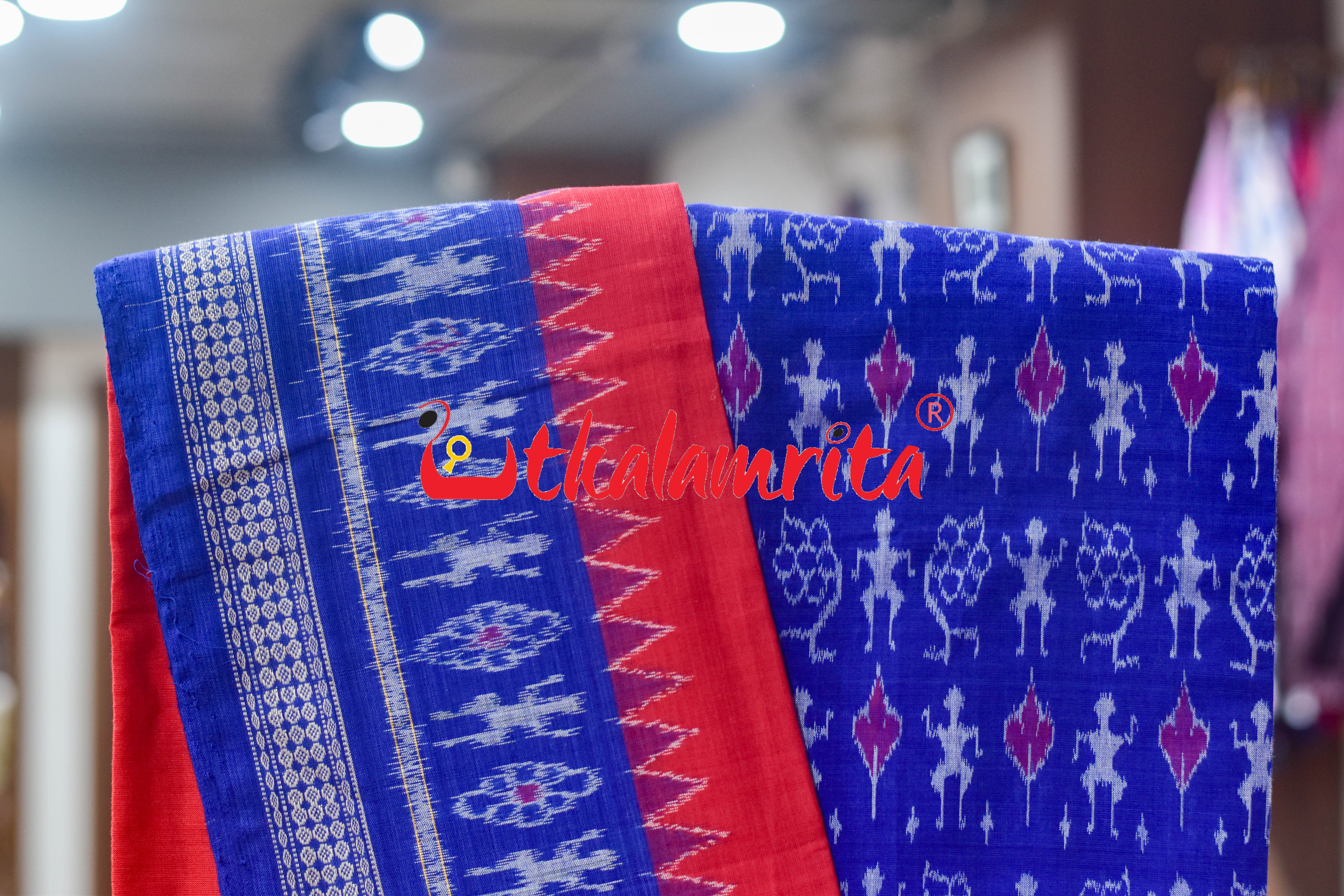 Blue Red Standing Tribals Sambalpuri Cotton Dress Set