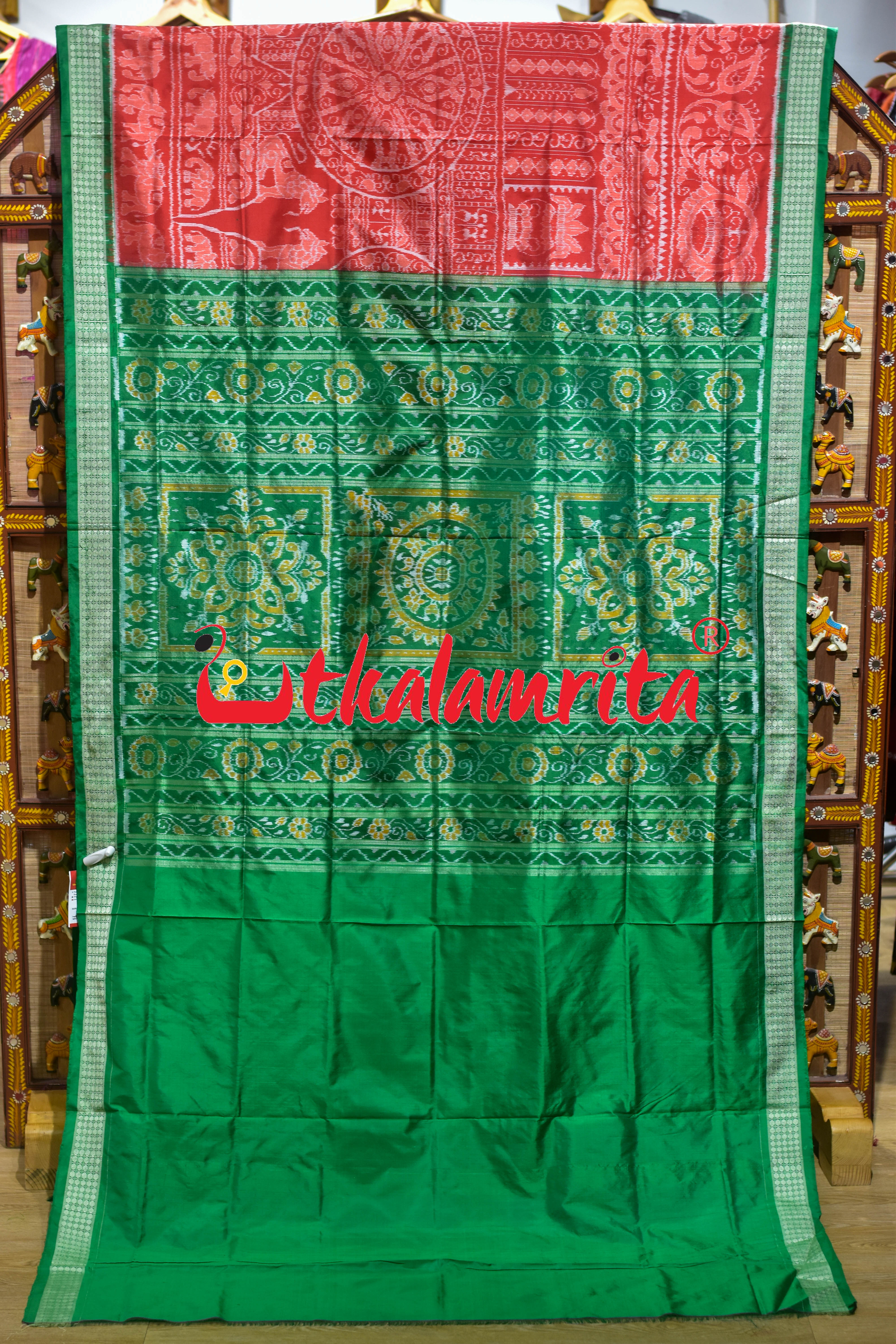 Orange Green Border Konark Theme Sambalpuri Silk Saree