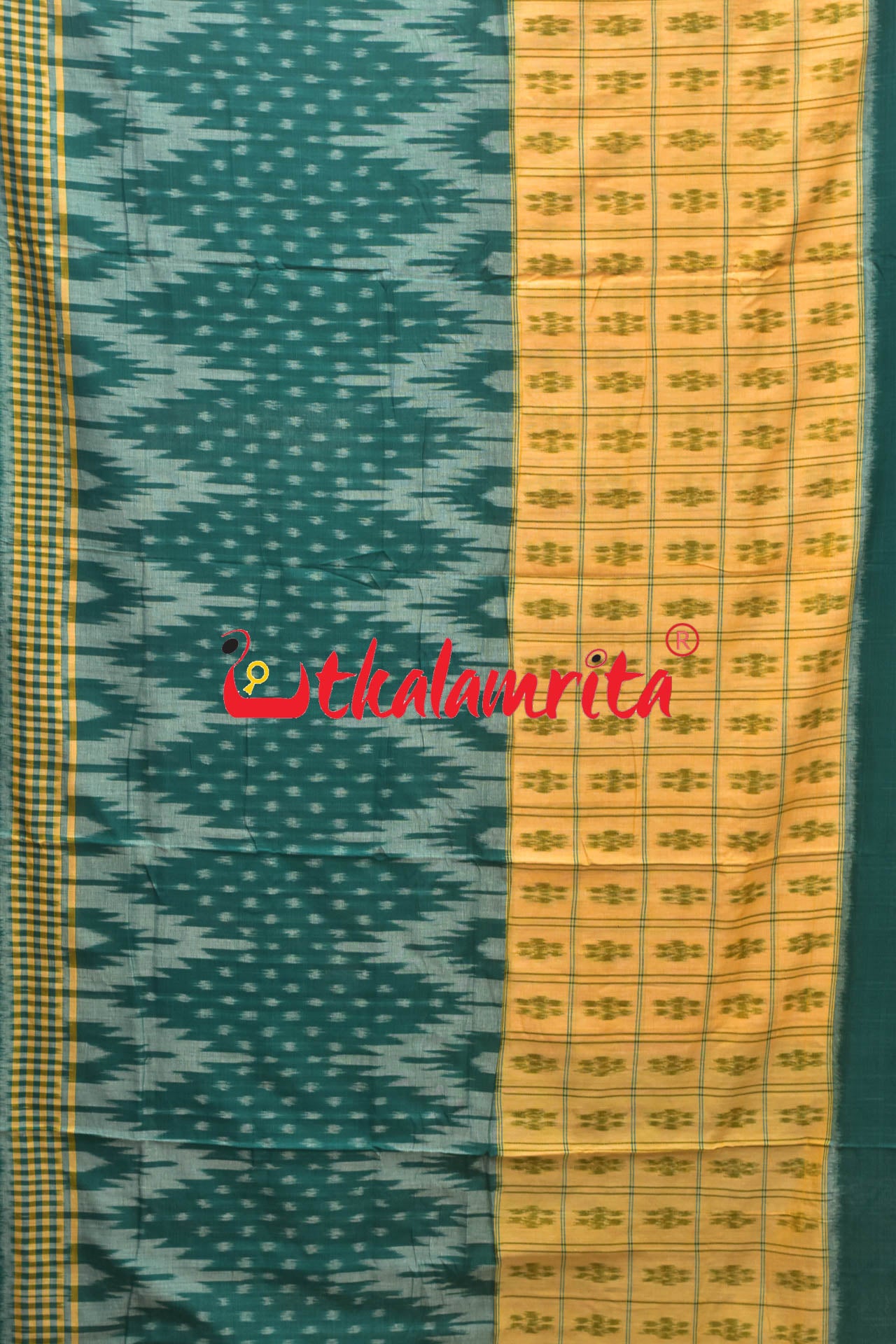 Half Half Cream Green Khandua Cotton Checks Saree