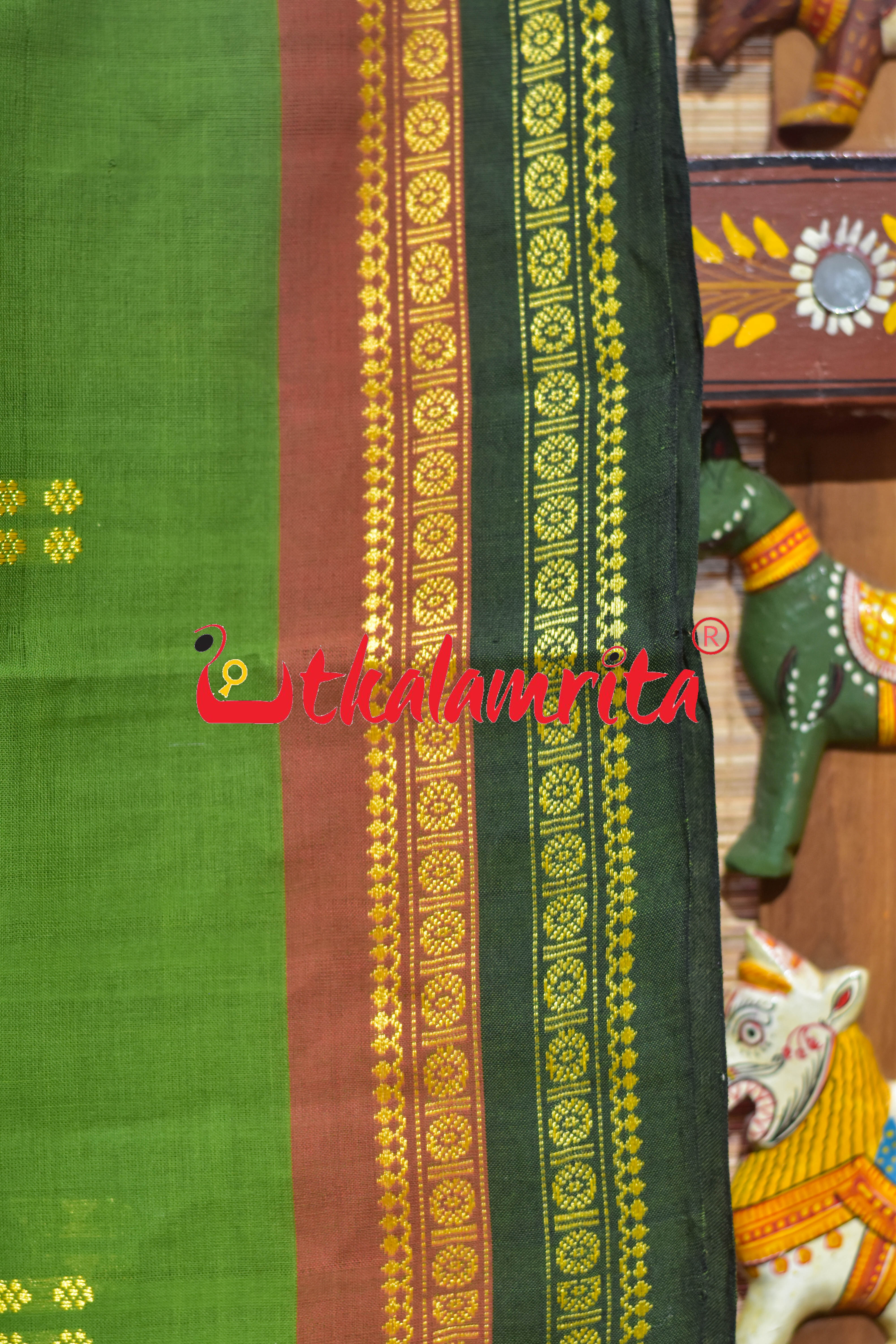 Mehndi Double Border Doby Pittala Single Cotton Saree