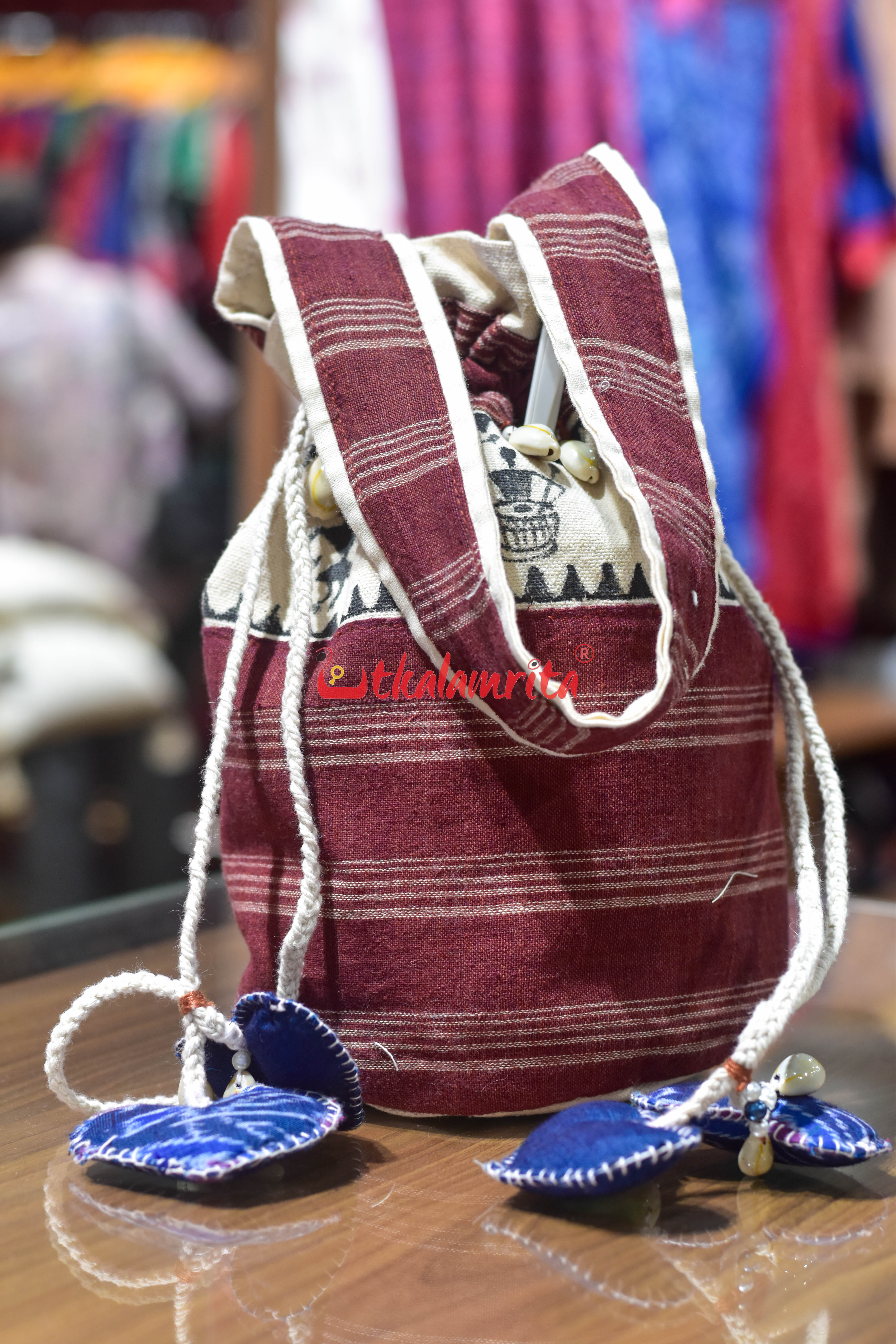 Maroon White Stripes Kotpad with Tribals Potli Bag