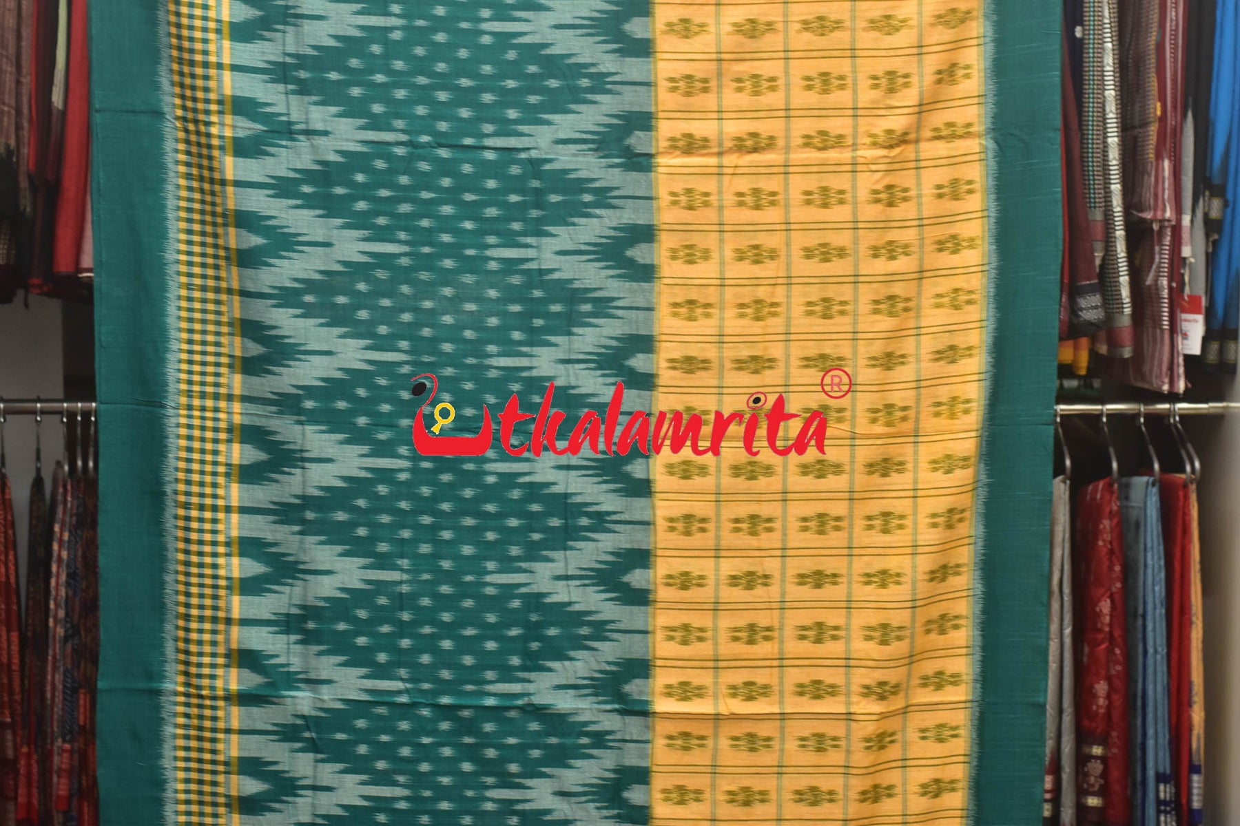 Half Half Cream Green Khandua Cotton Checks Saree