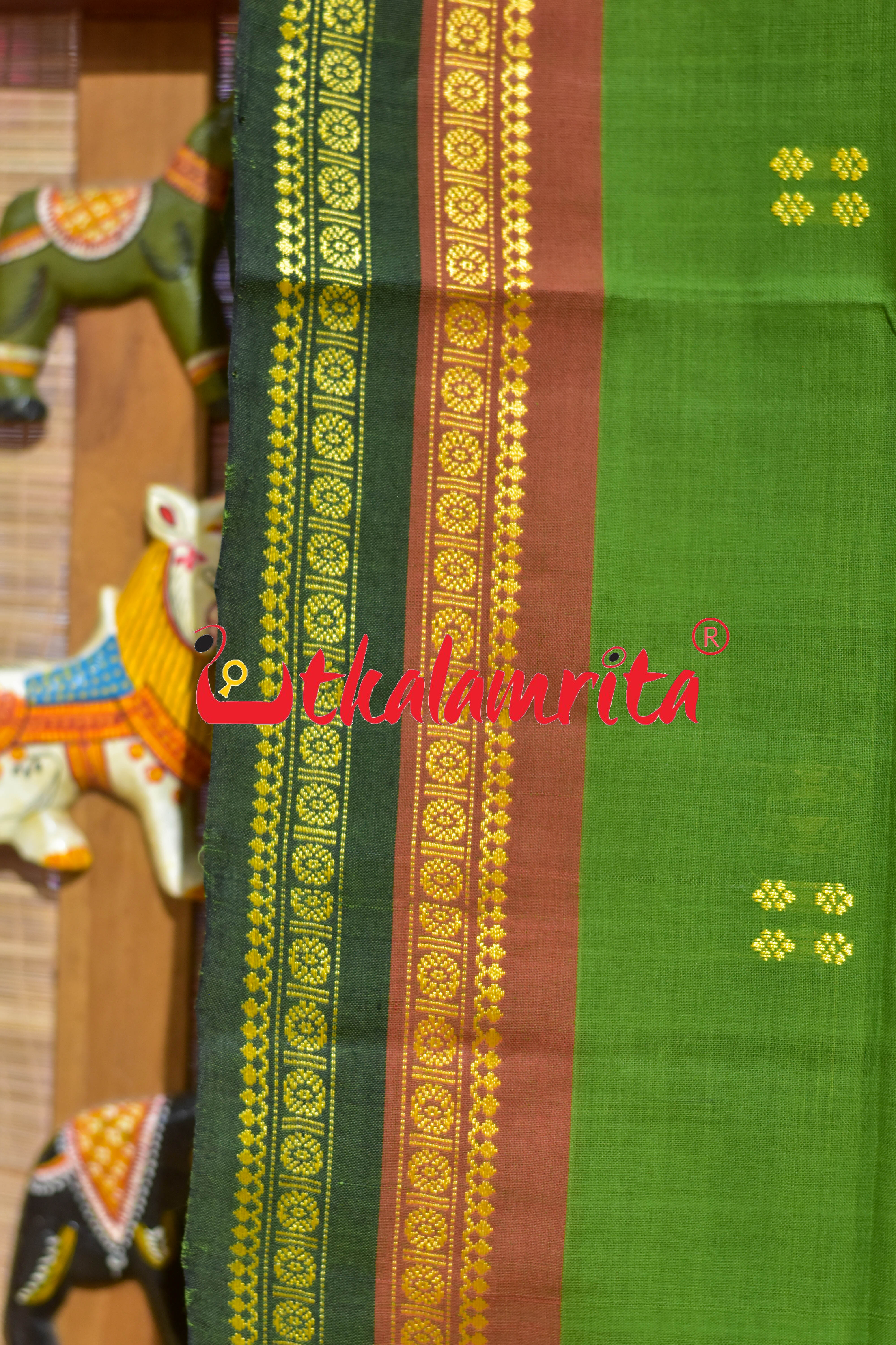 Mehndi Double Border Doby Pittala Single Cotton Saree