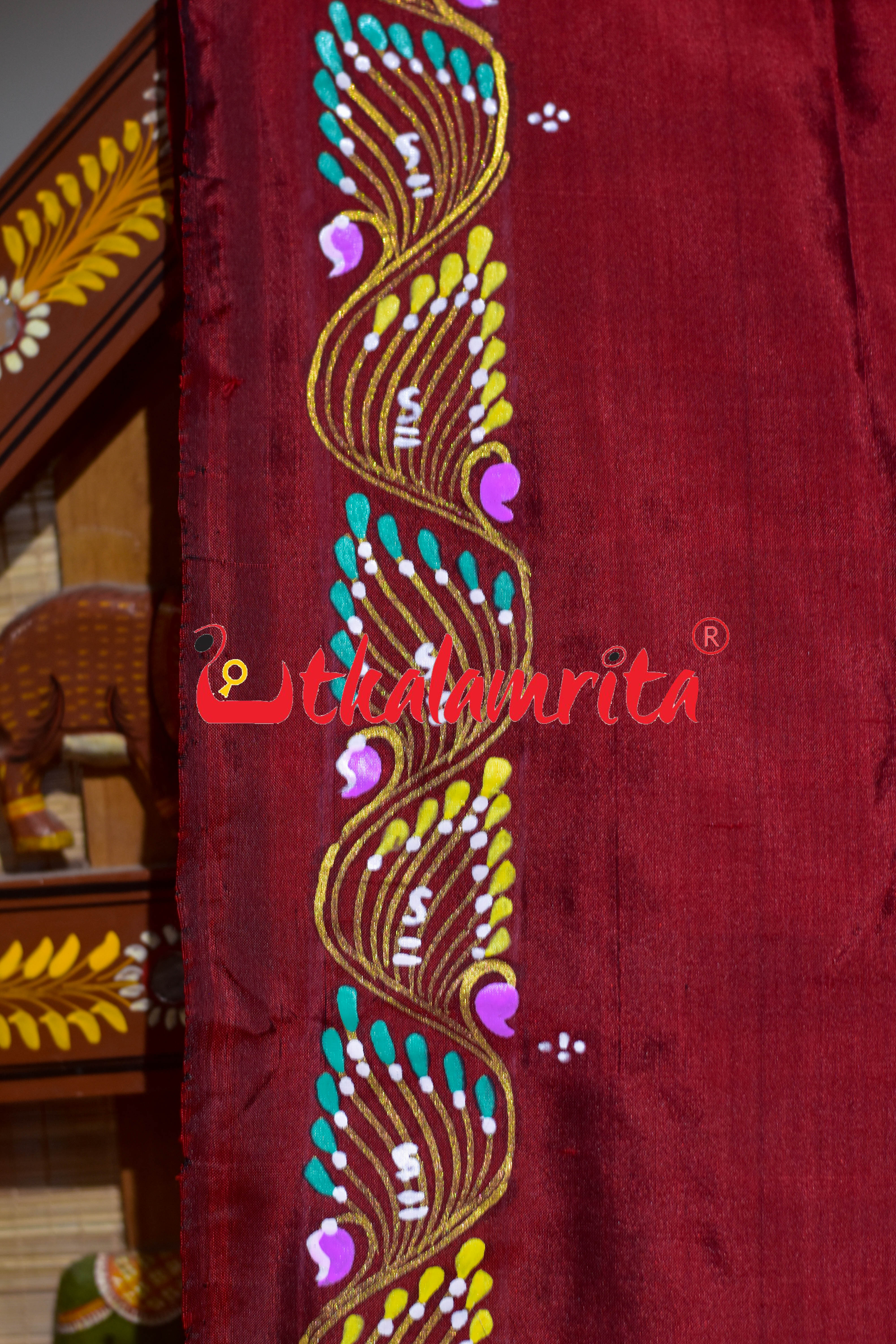 Maroon Plain Nauka Paar Pattachitra Silk Saree