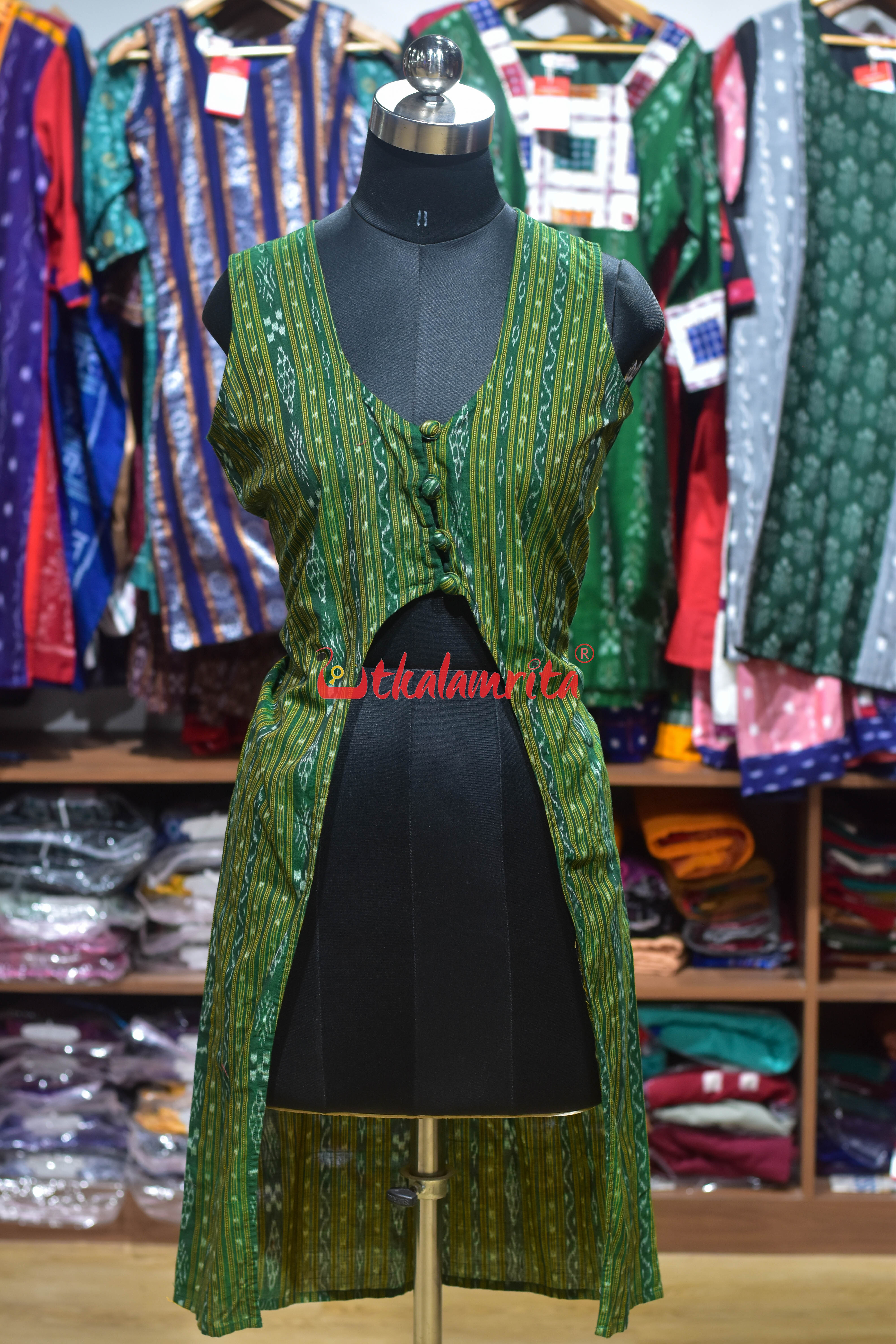 Green With Jumbo Buttons (ladies Long Sleeveless Jacket)