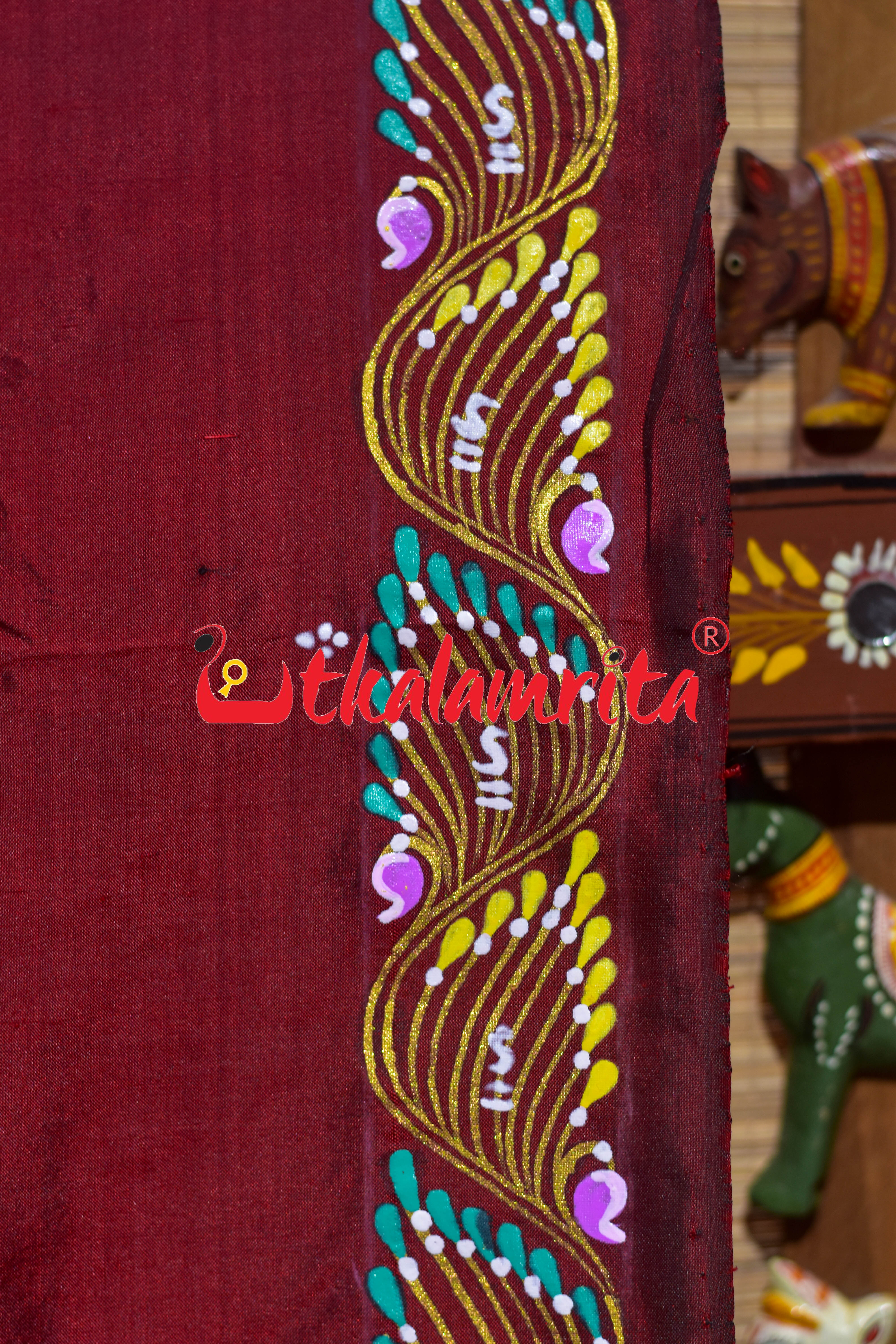 Maroon Plain Nauka Paar Pattachitra Silk Saree