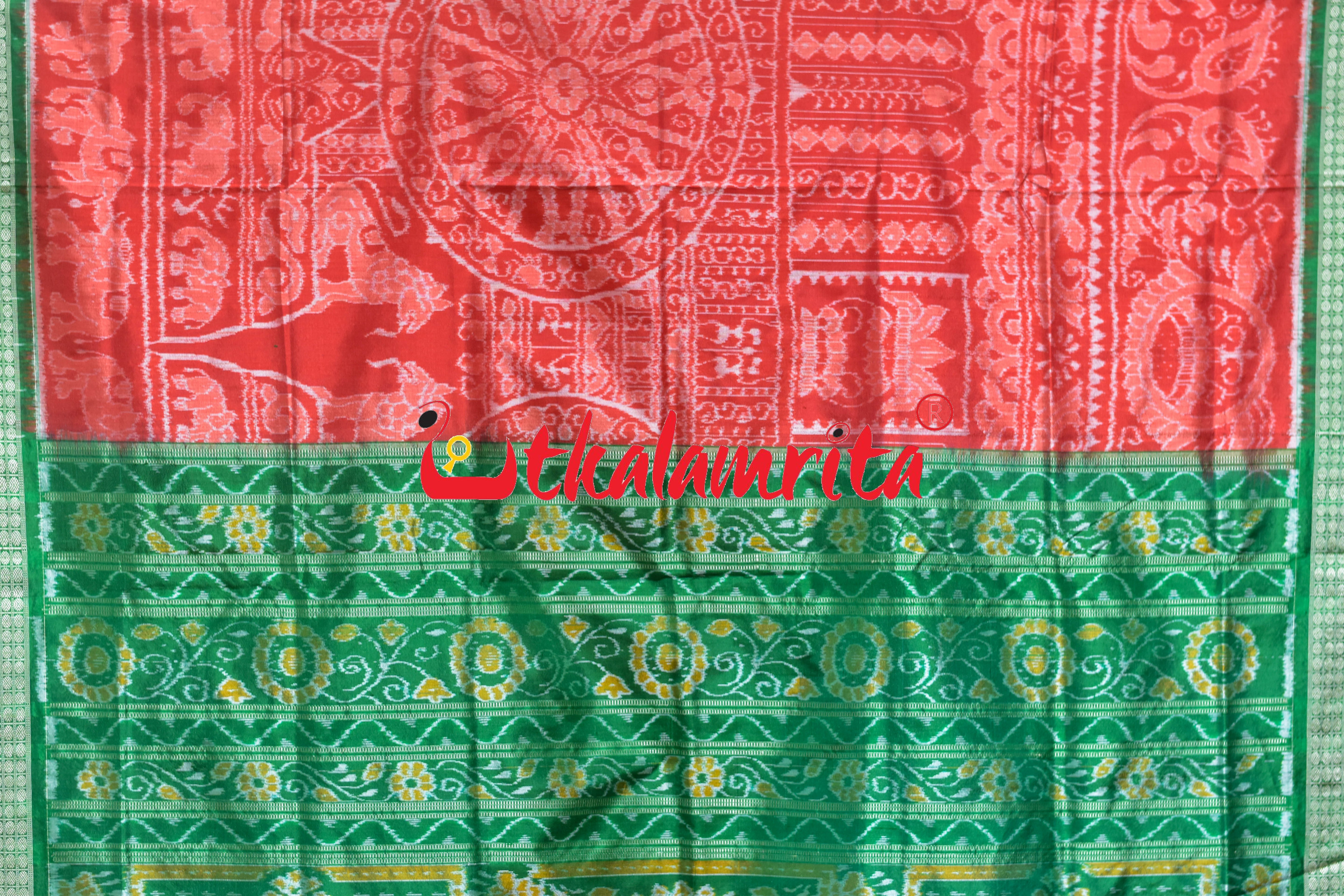 Orange Green Border Konark Theme Sambalpuri Silk Saree