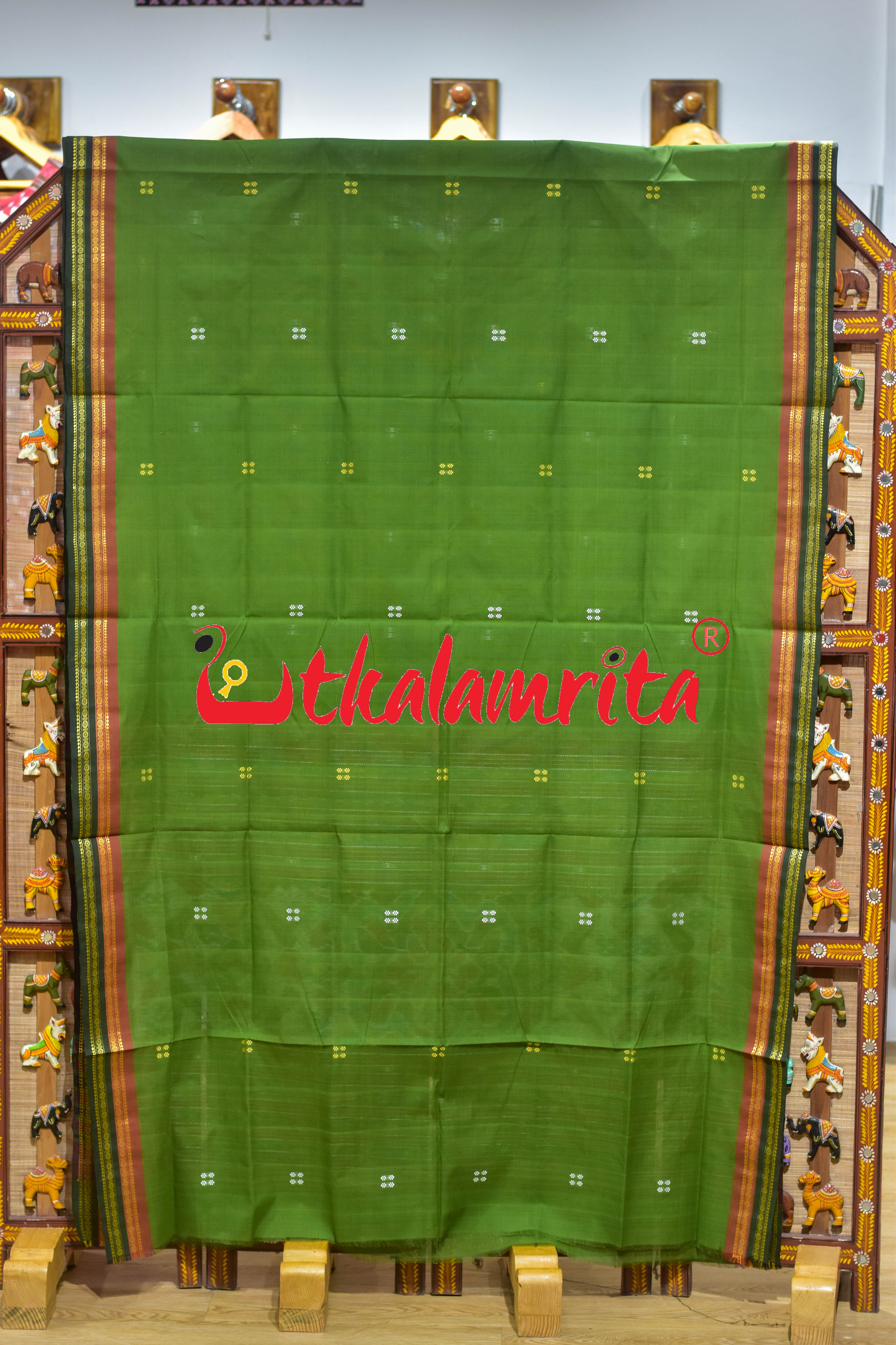 Mehndi Double Border Doby Pittala Single Cotton Saree