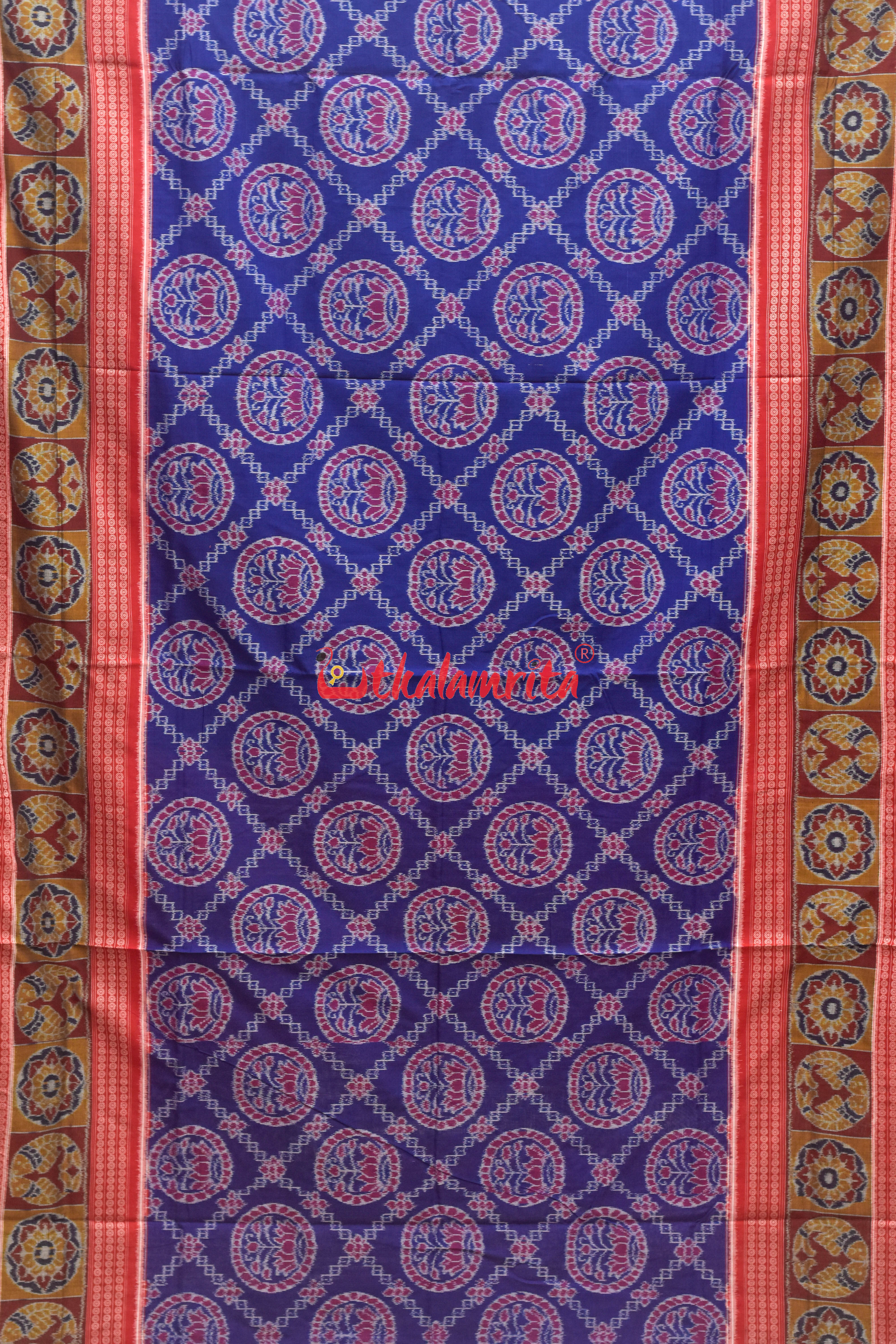 Blue Lotus Design Flower Border Sambalpuri Cotton Saree