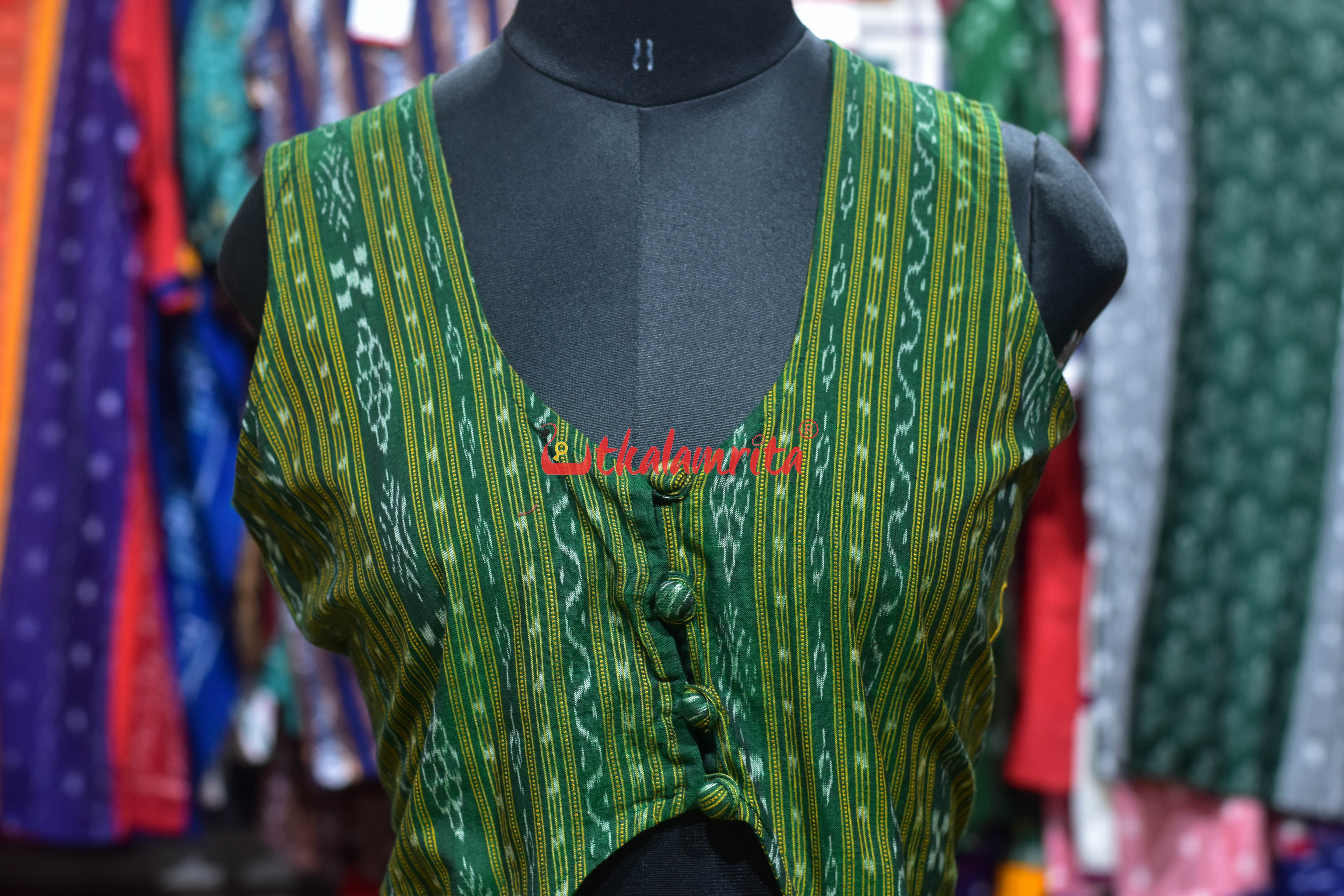 Green With Jumbo Buttons (ladies Long Sleeveless Jacket)