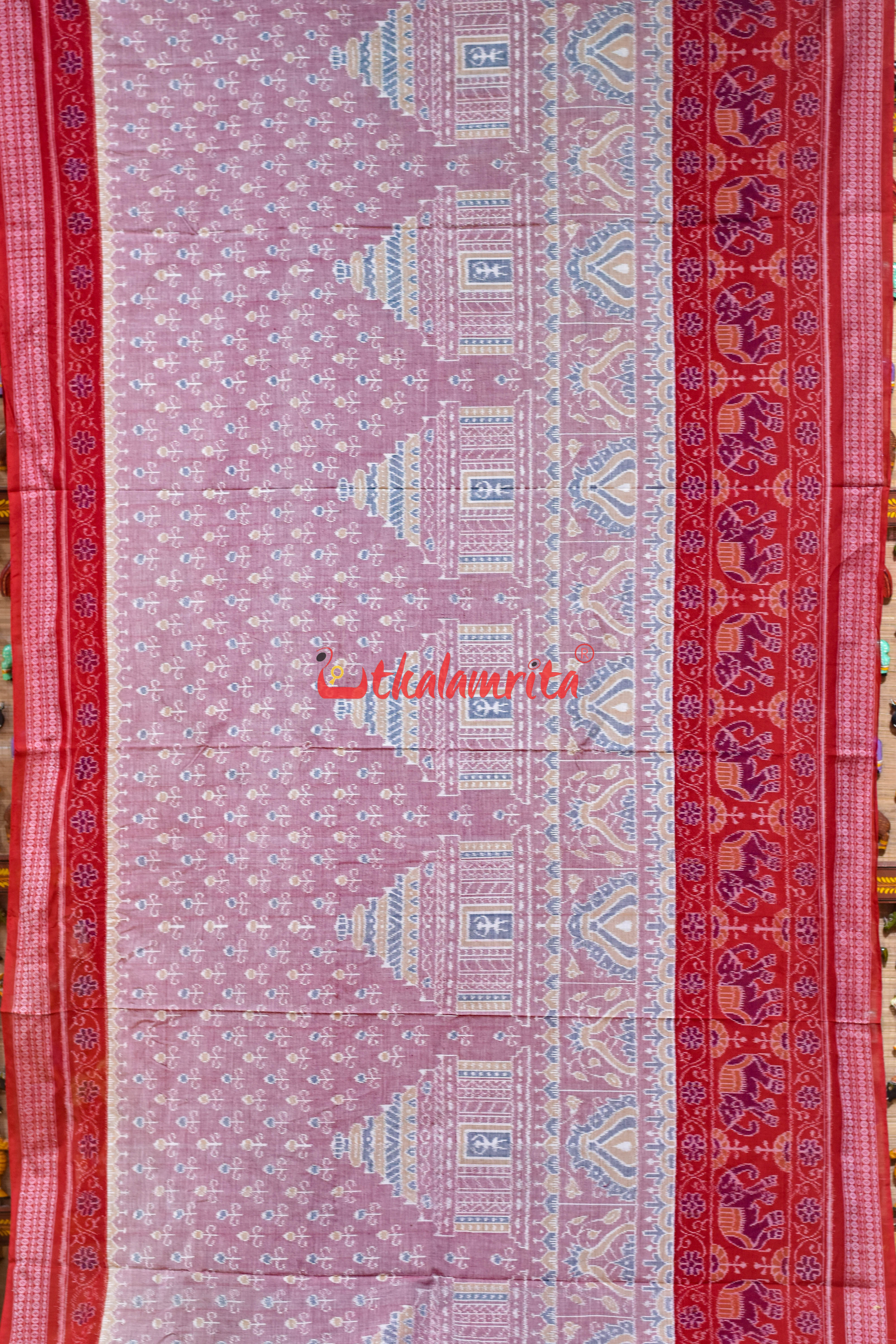 Pink Konark with Elephant Border Sambalpuri Cotton Saree