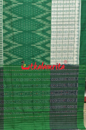 Half Half Green White Khandua Cotton Checks Saree