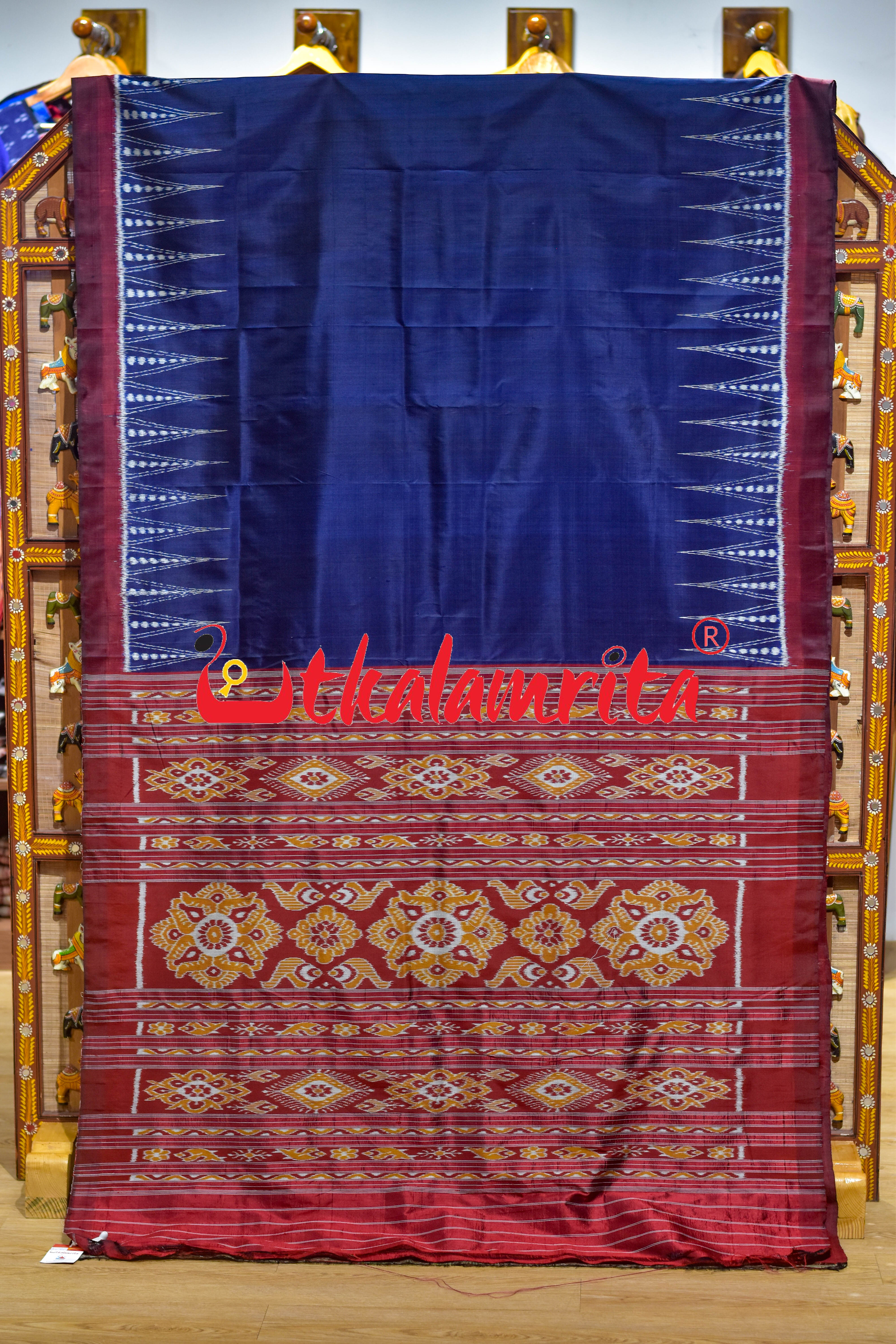 Prussian Blue Maroon Temples Jhoti Anchal Khandua Silk Saree