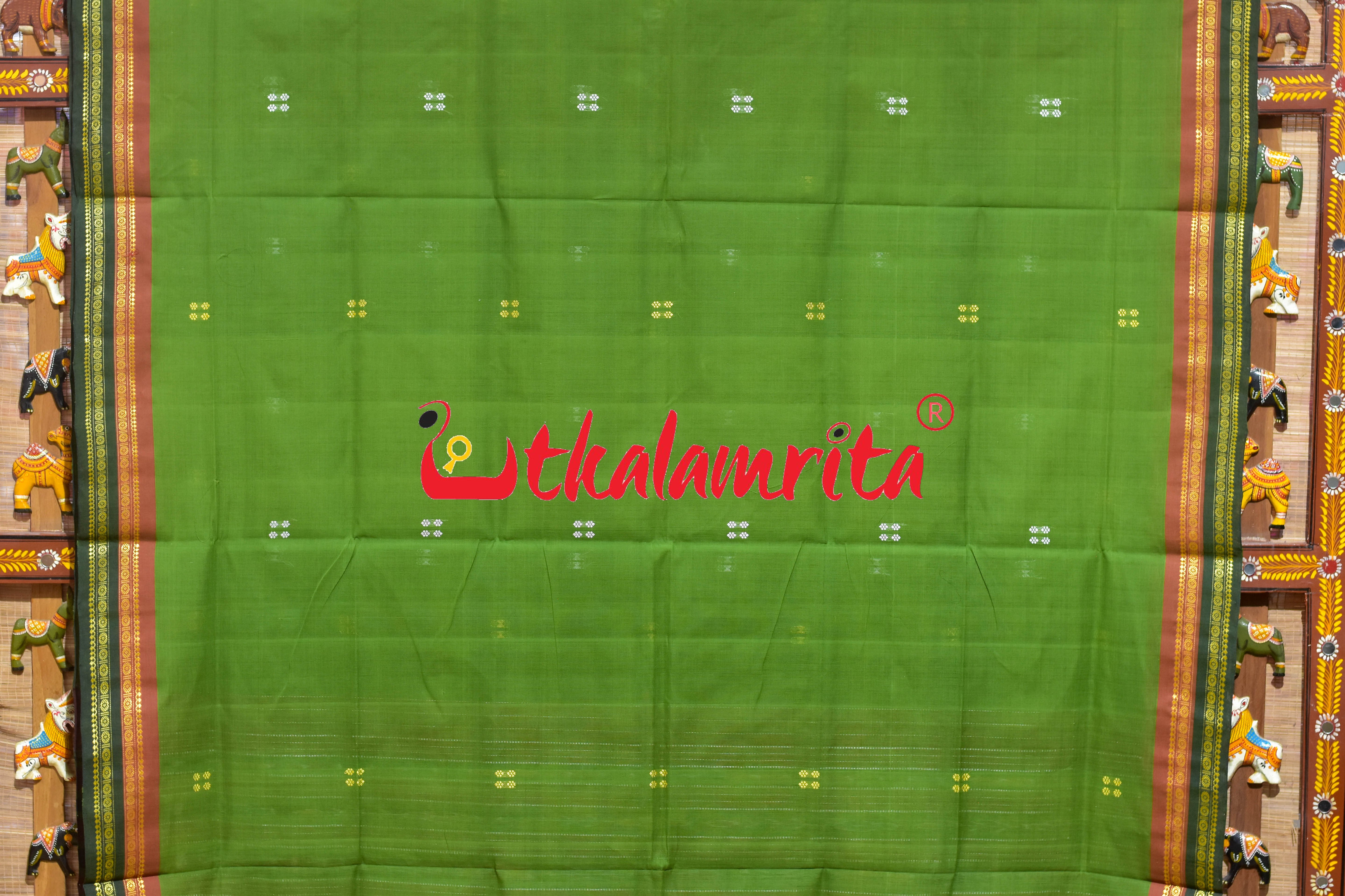 Mehndi Double Border Doby Pittala Single Cotton Saree