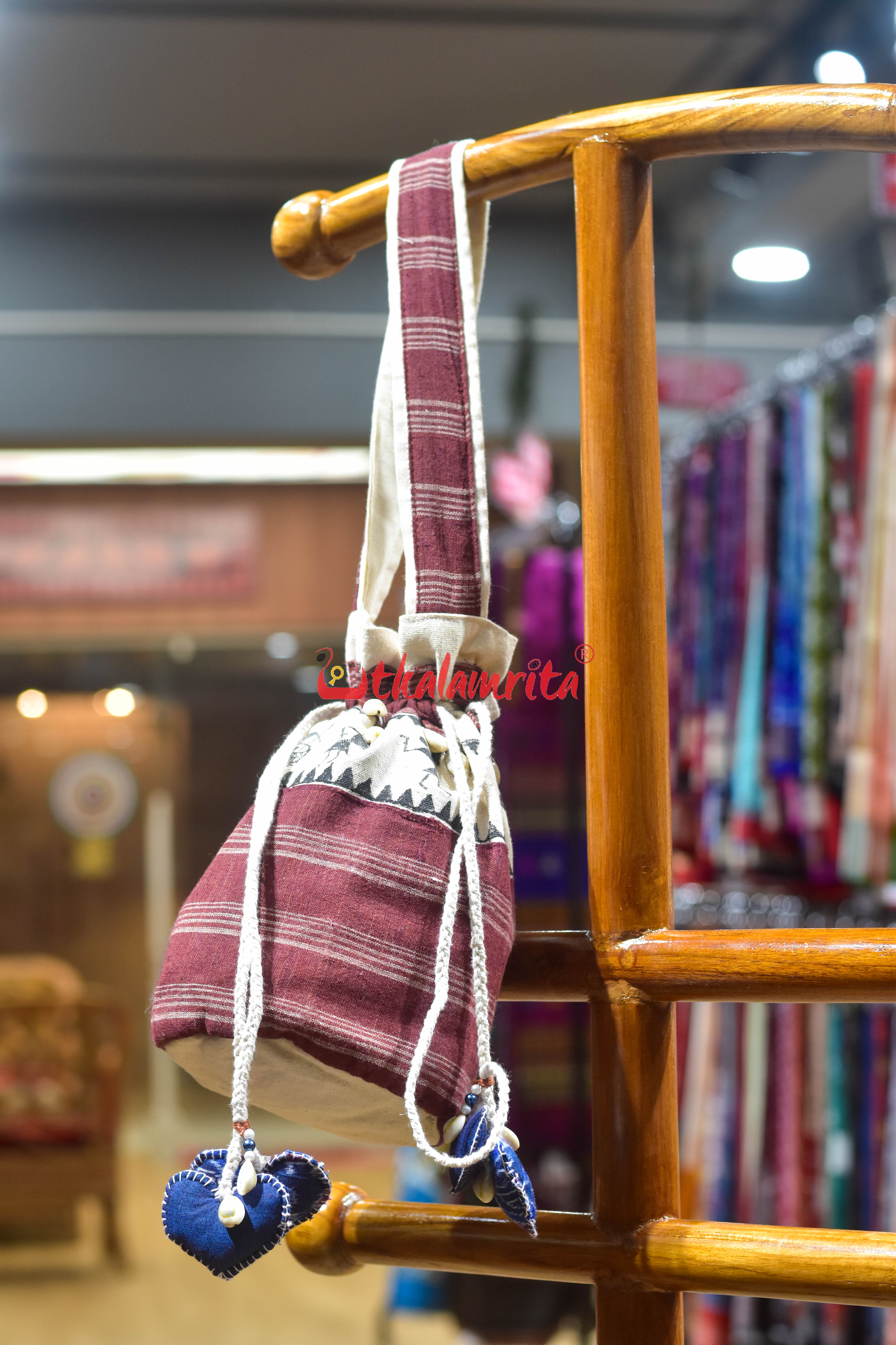 Maroon White Stripes Kotpad with Tribals Potli Bag