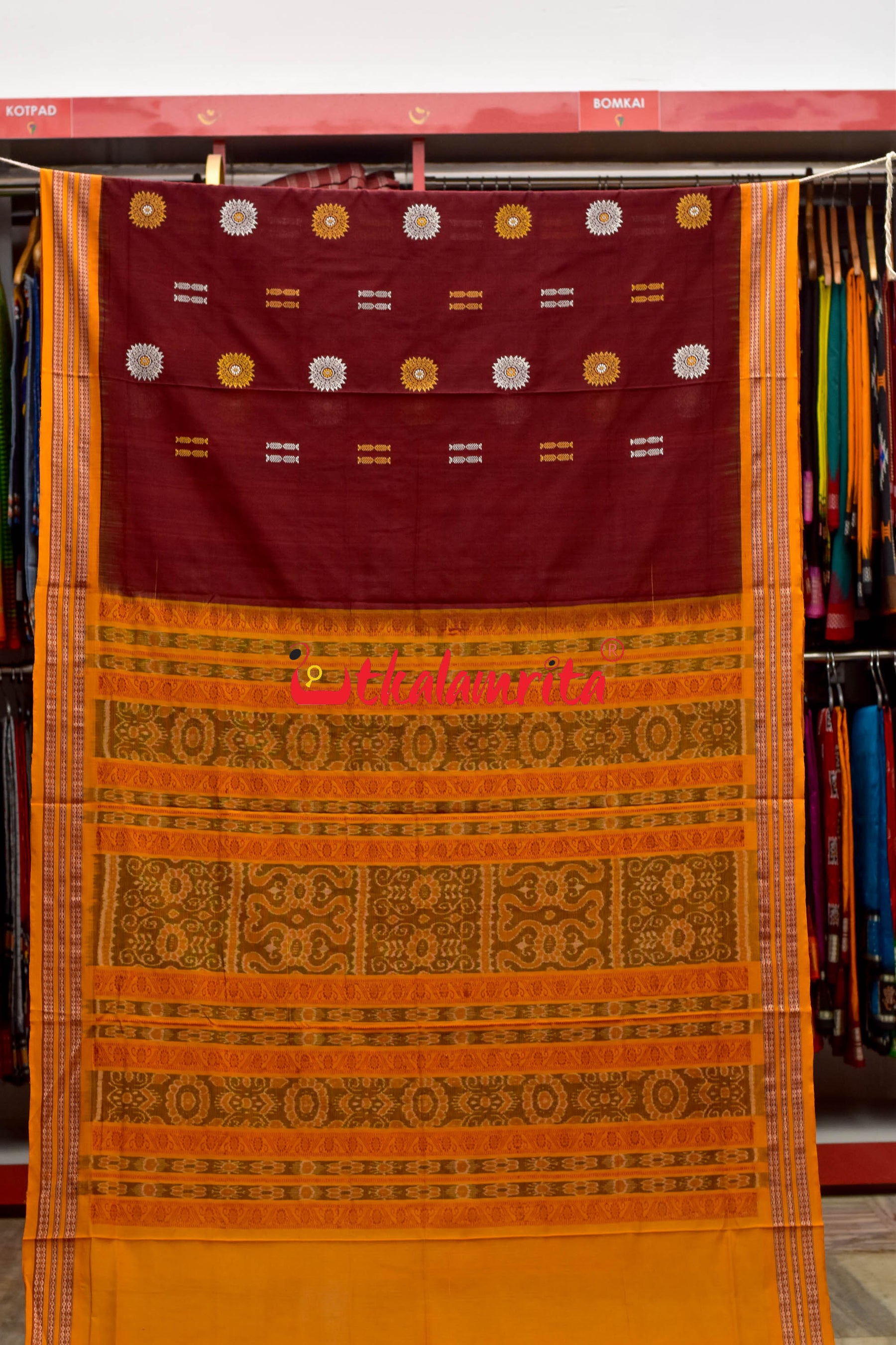 Maroon Yellow Padam Bomkai Cotton Saree