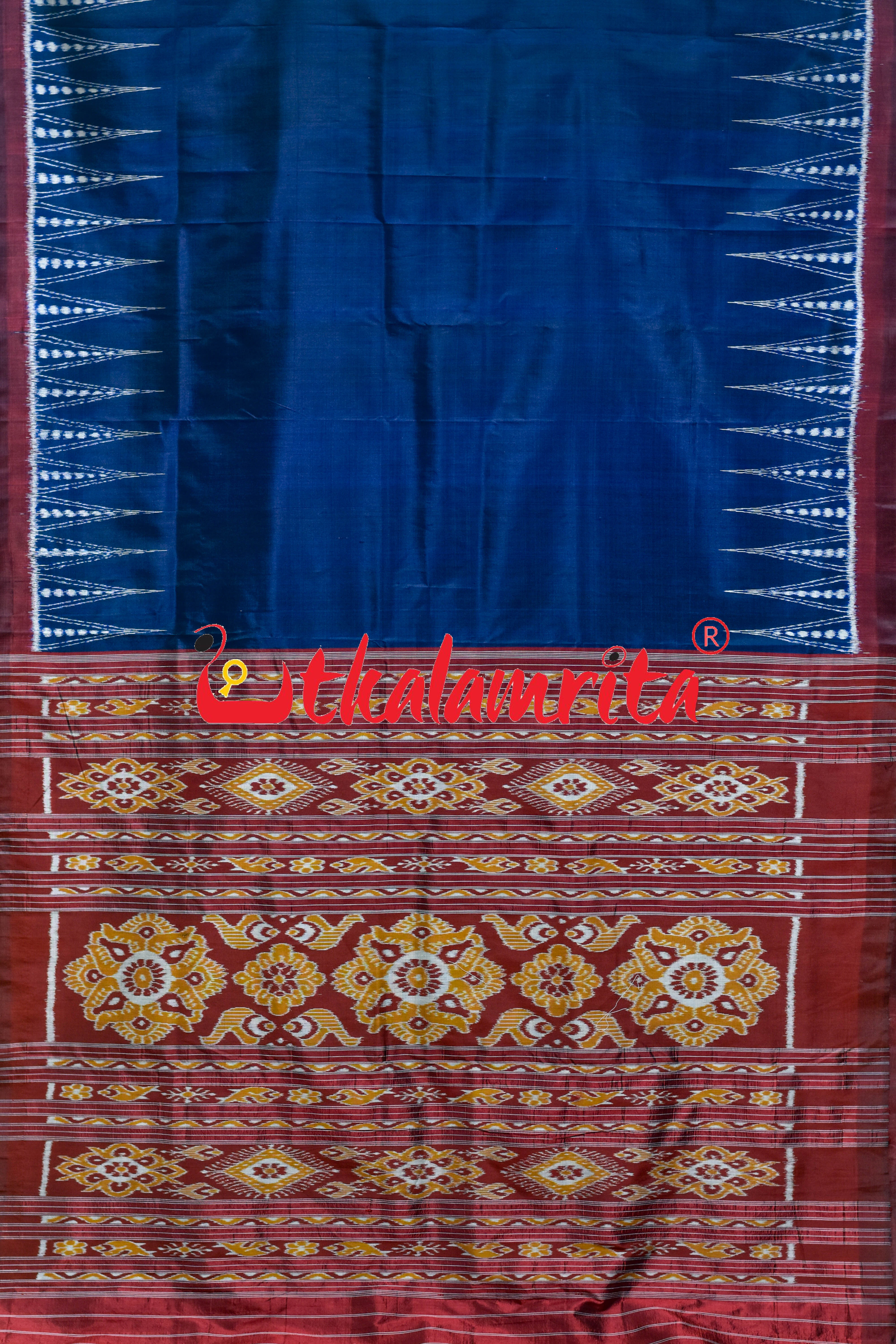 Prussian Blue Maroon Temples Jhoti Anchal Khandua Silk Saree