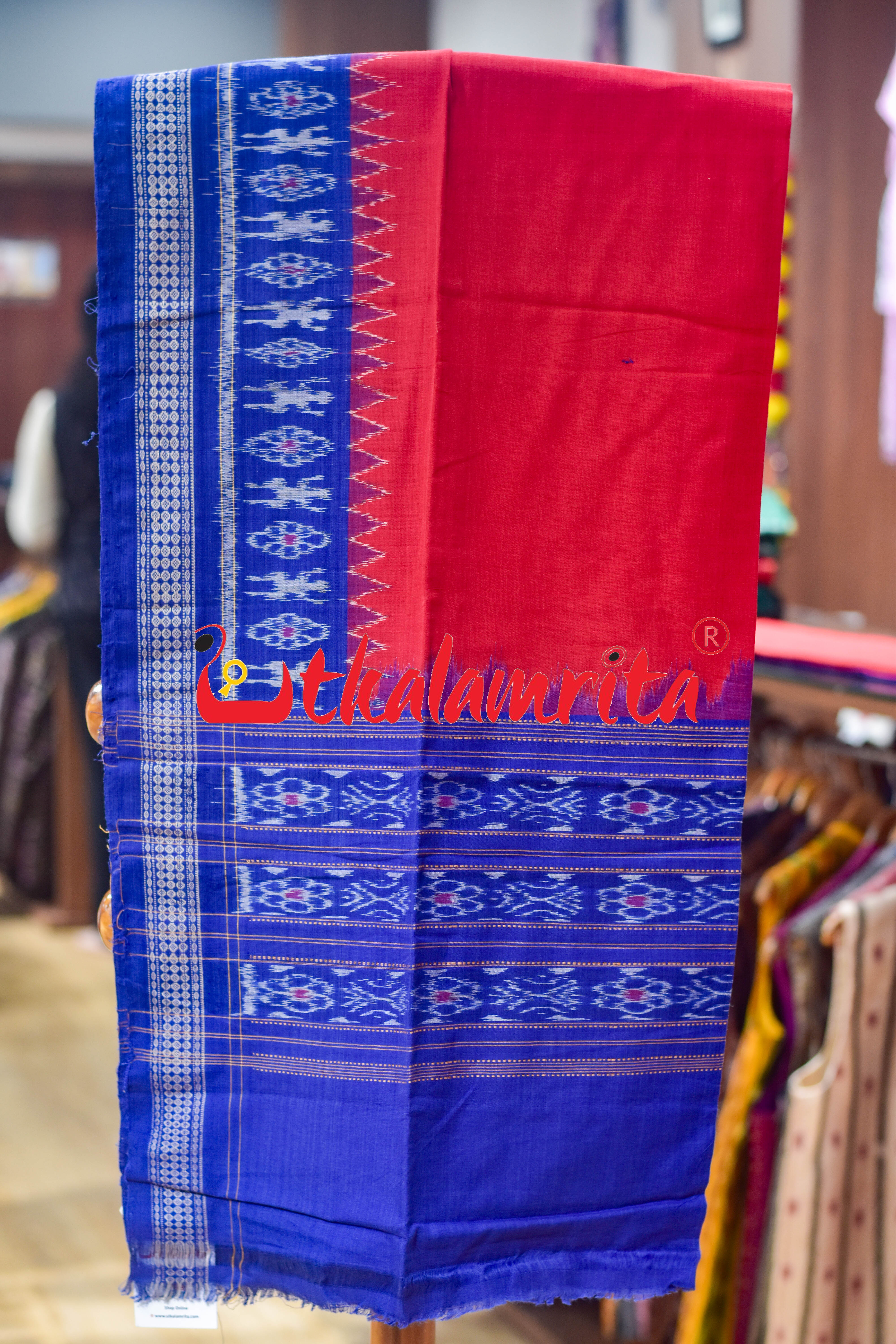 Blue Red Standing Tribals Sambalpuri Cotton Dress Set