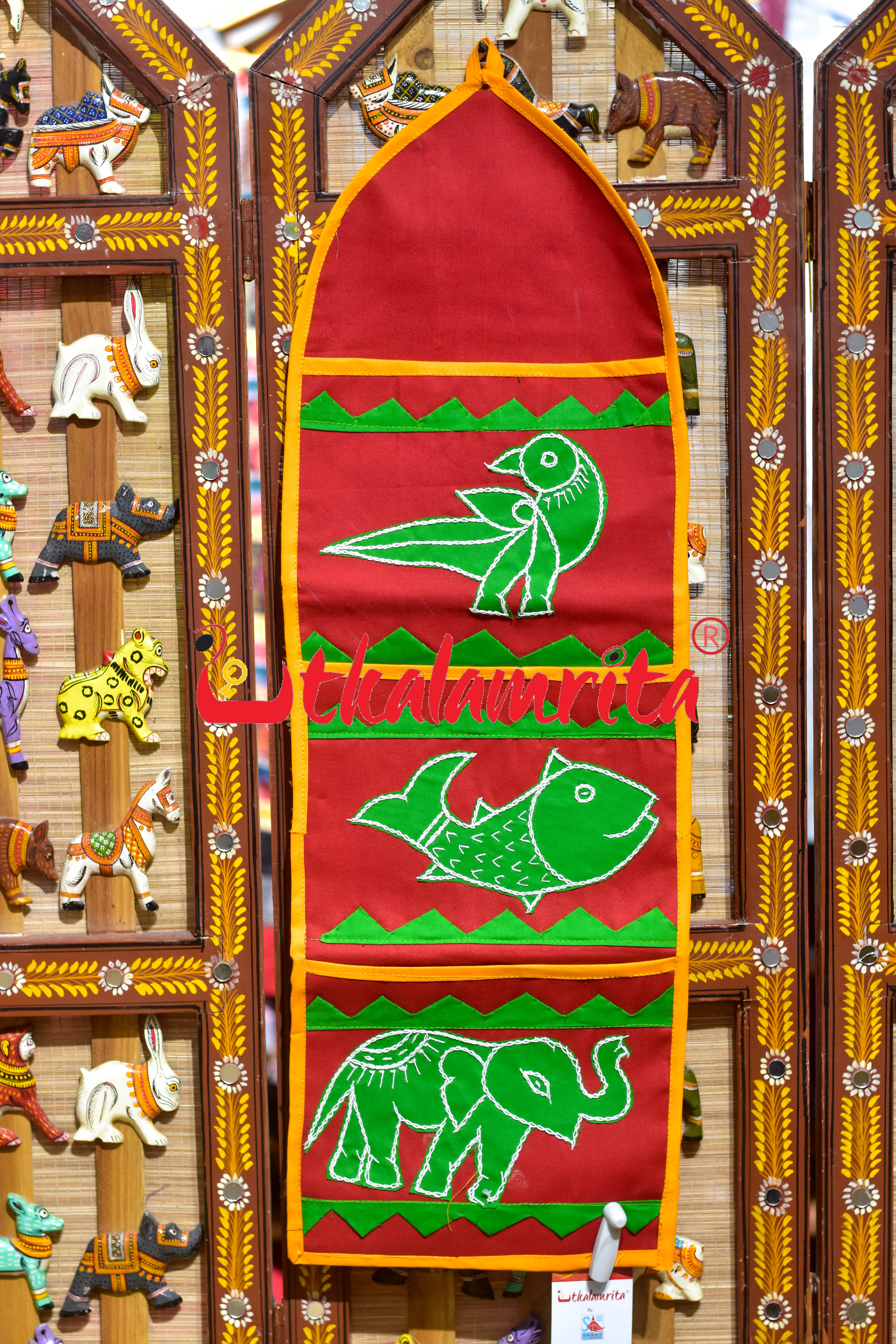 Red Green Triple Animal Pipli Applique Letter Box